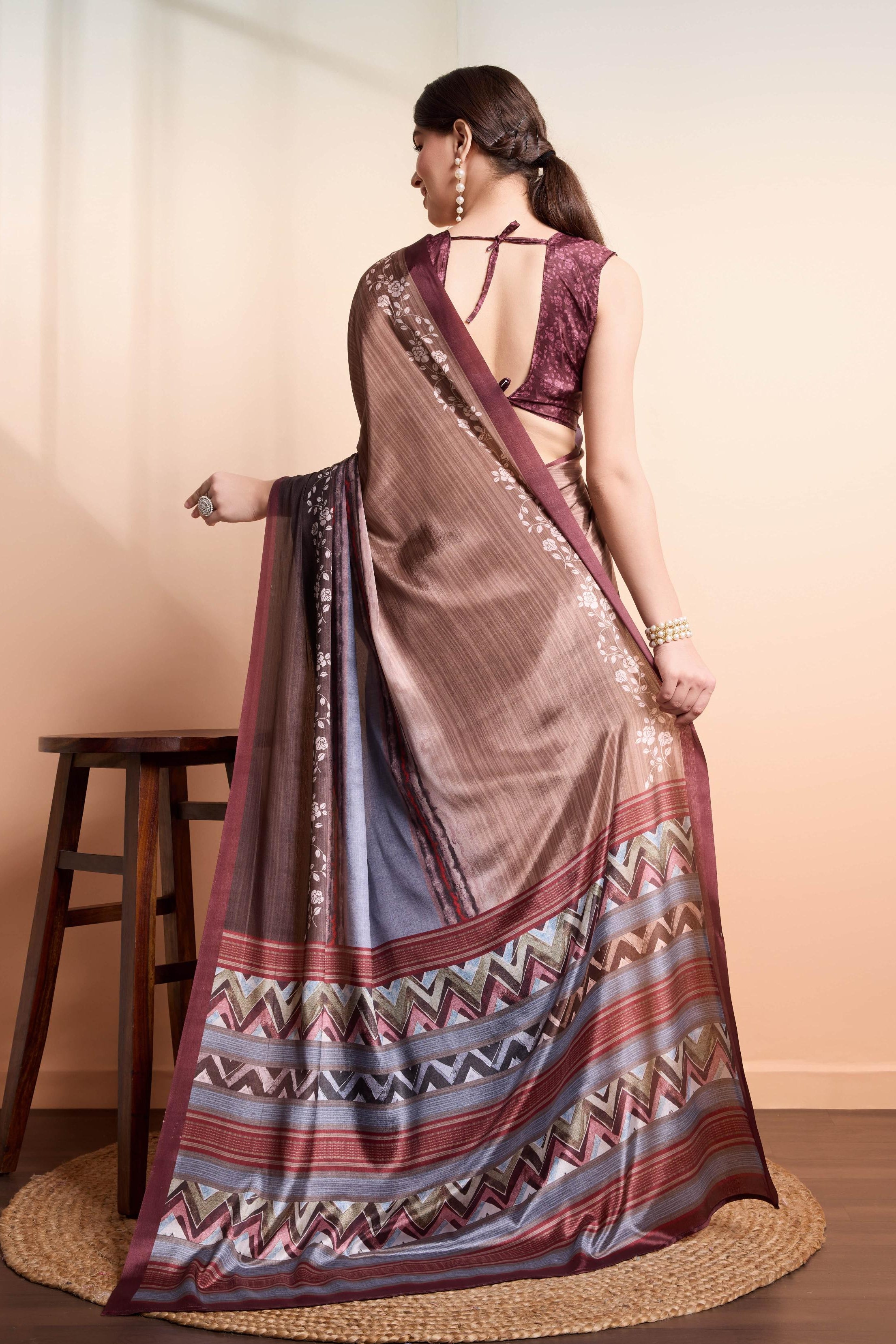 Digital Floral Art Print Satin Silk  Saree