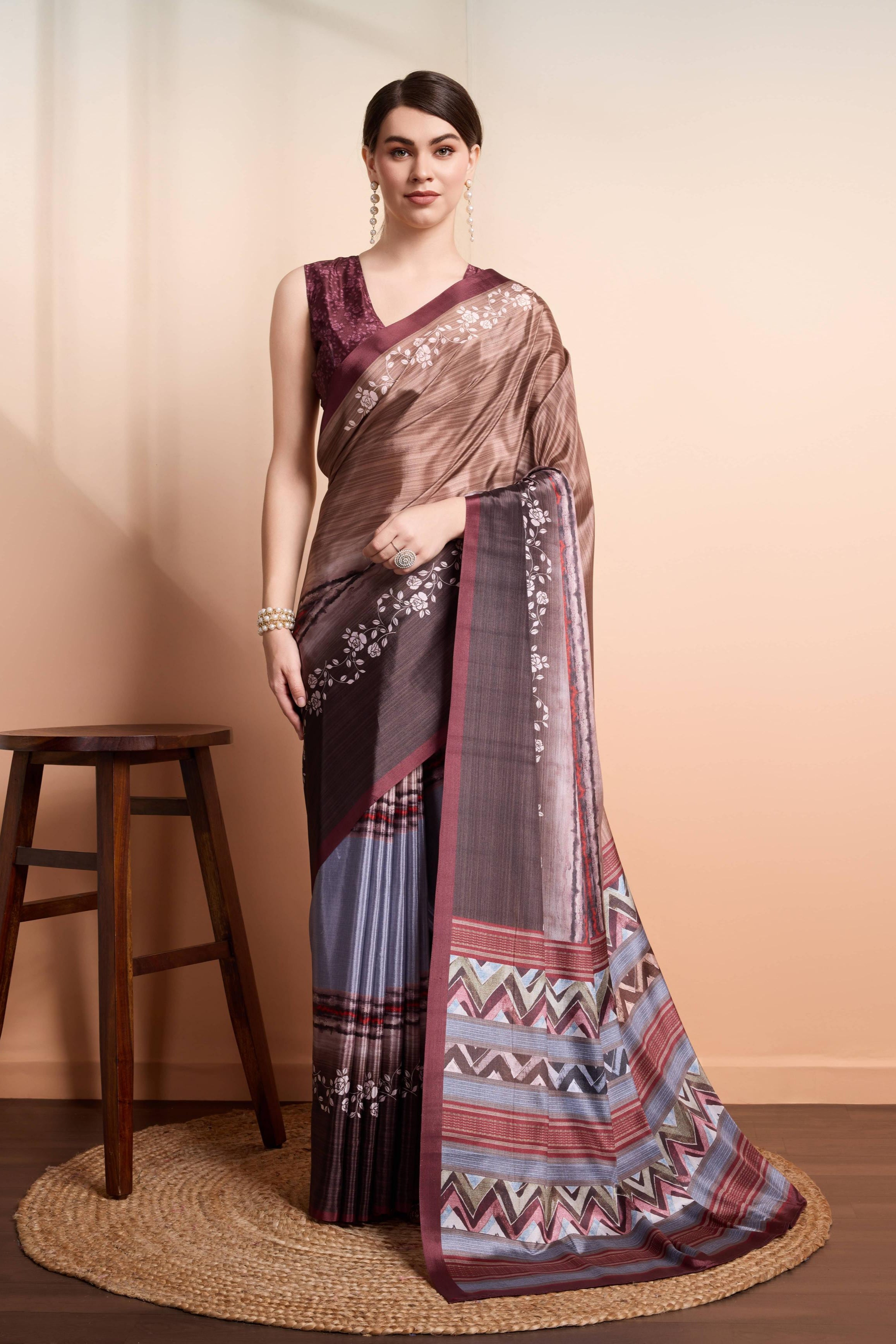 Digital Floral Art Print Satin Silk  Saree