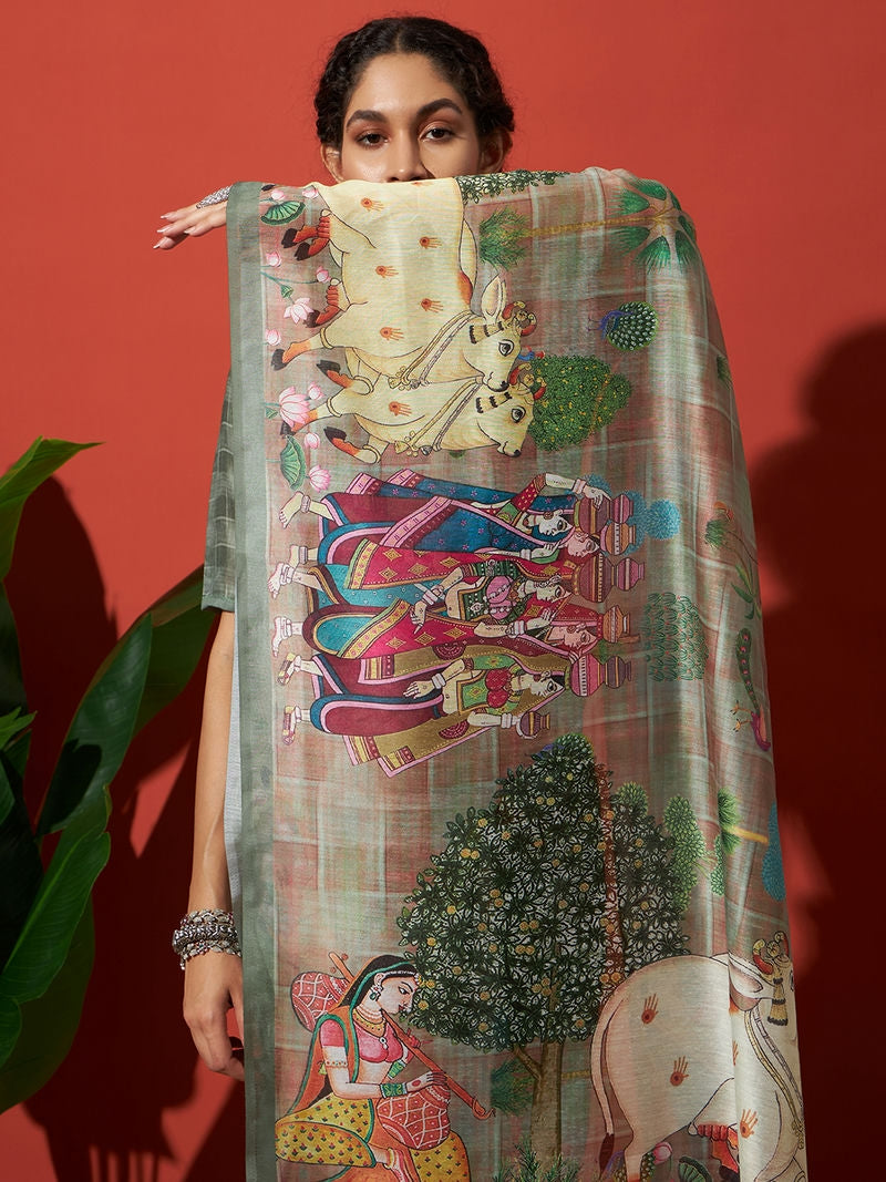 Pichwai Animal Prints Cotton Silk Saree