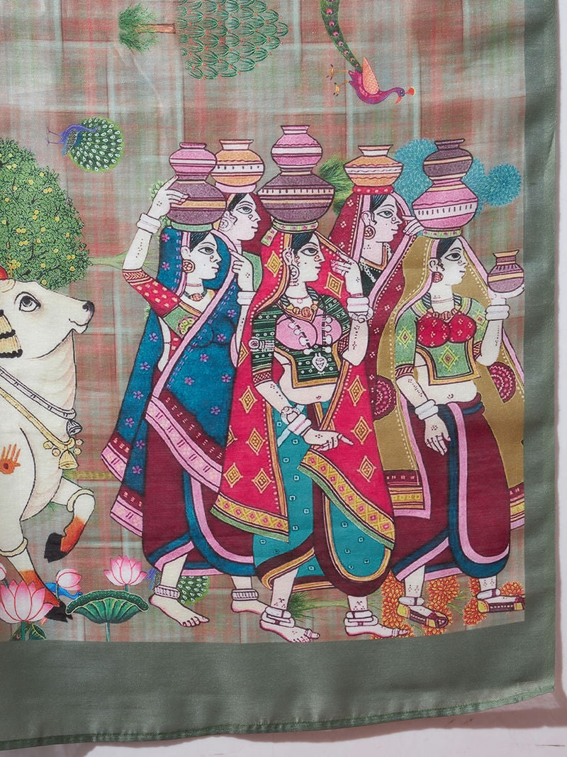 Pichwai Animal Prints Cotton Silk Saree