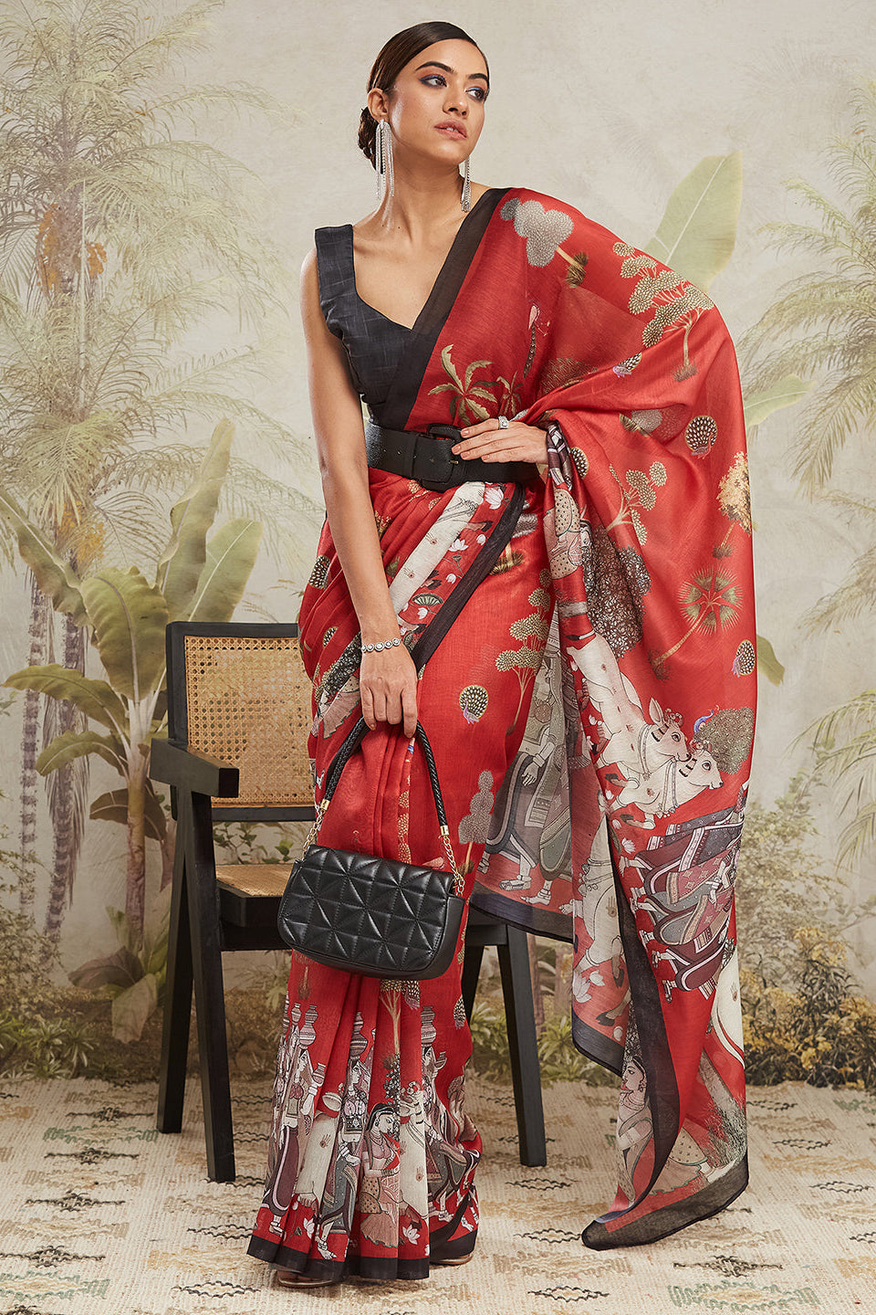 Digital Pichwai Prints Red Cotton Silk Saree