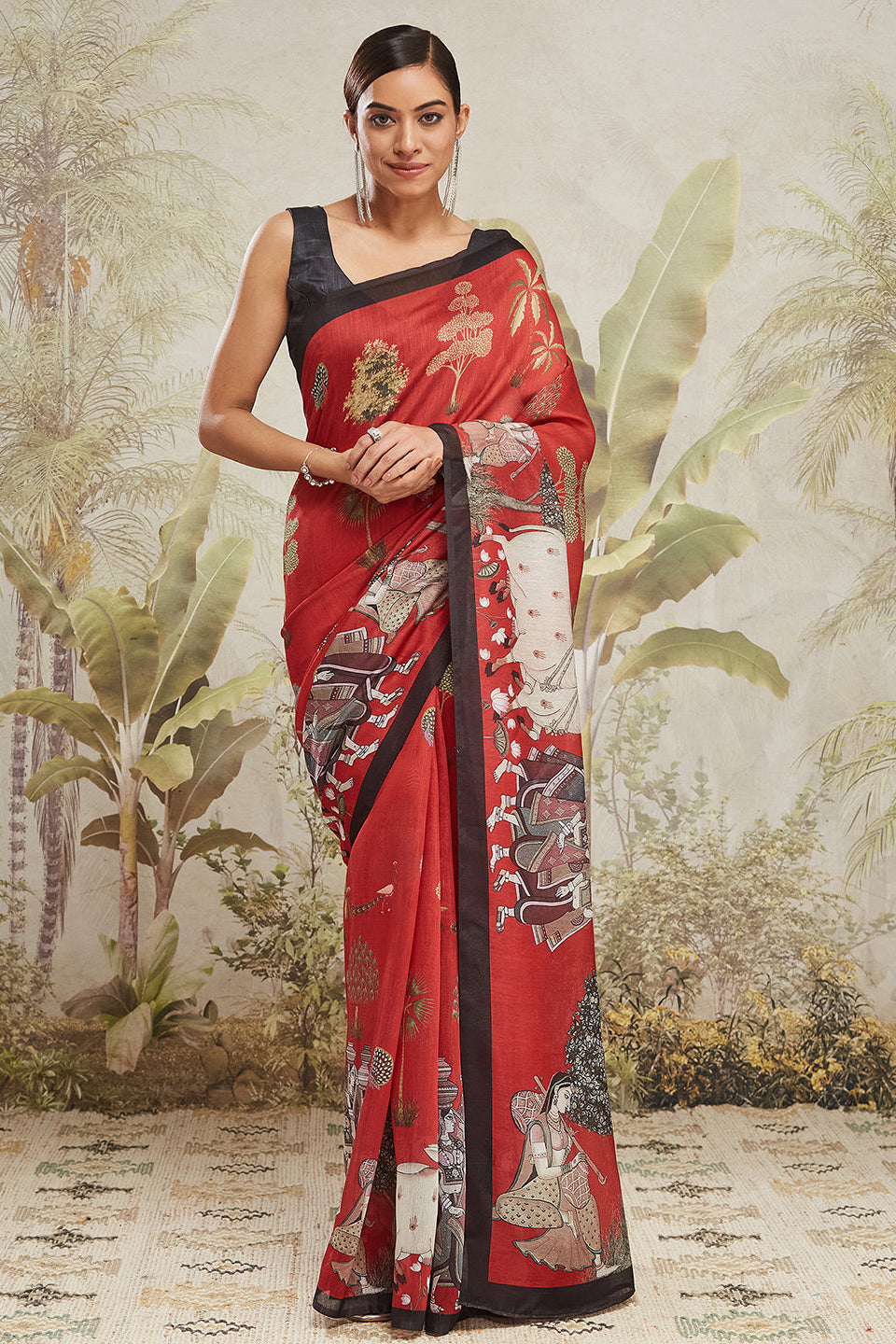 Digital Pichwai Prints Red Cotton Silk Saree