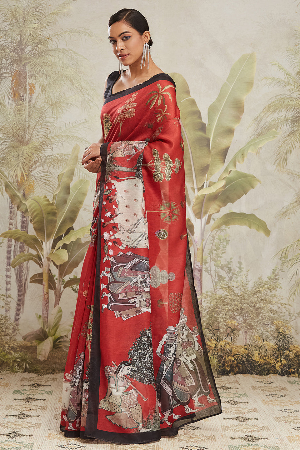 Digital Pichwai Prints Red Cotton Silk Saree