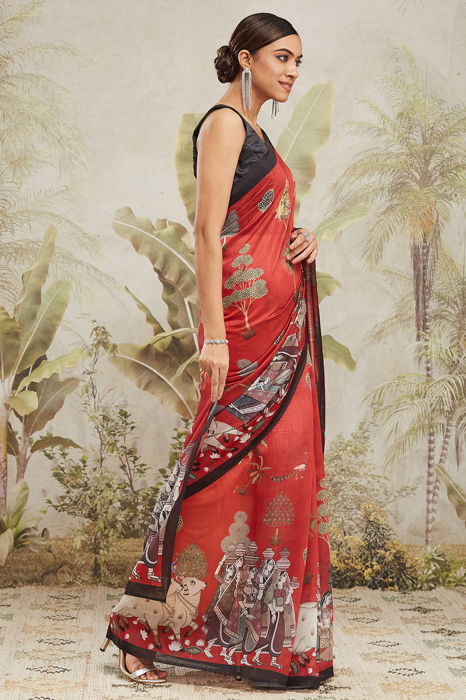 Digital Pichwai Prints Red Cotton Silk Saree