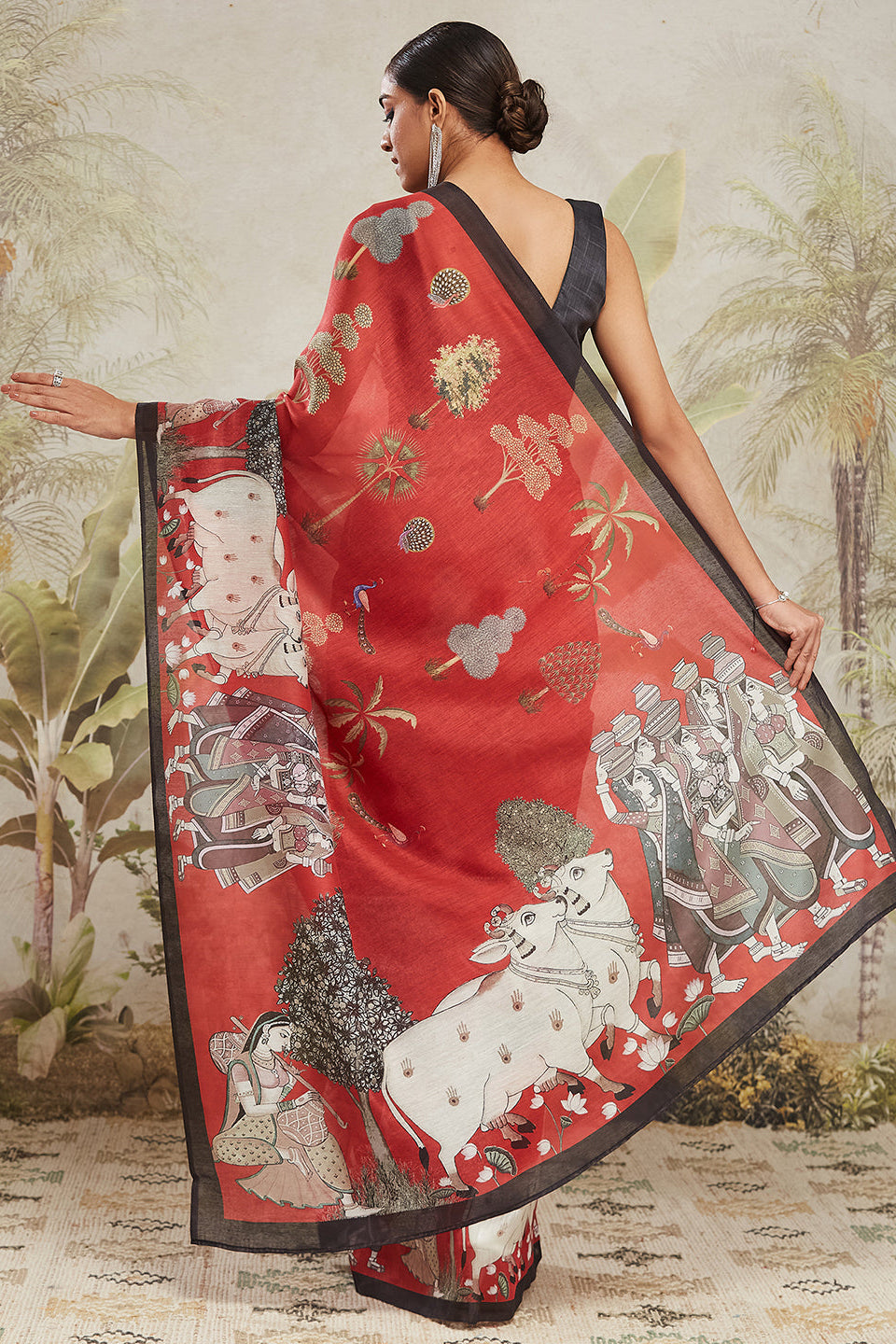 Digital Pichwai Prints Red Cotton Silk Saree