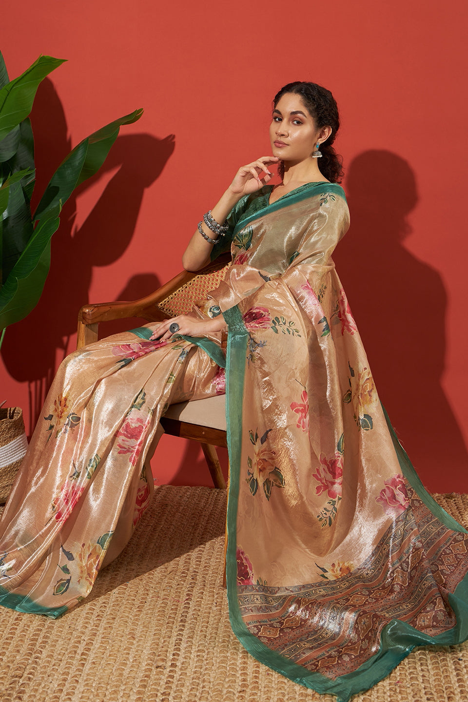 Cream Beige Crush Gold Tissue Saree