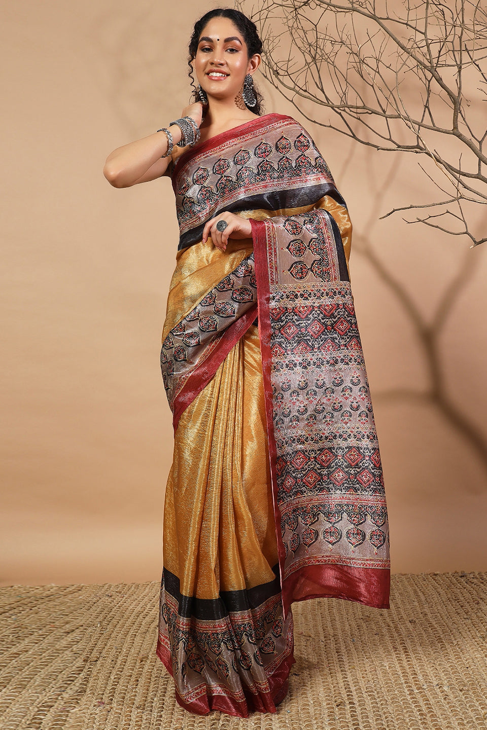Ajrakh Mustard Crush Gold Tissue Saree