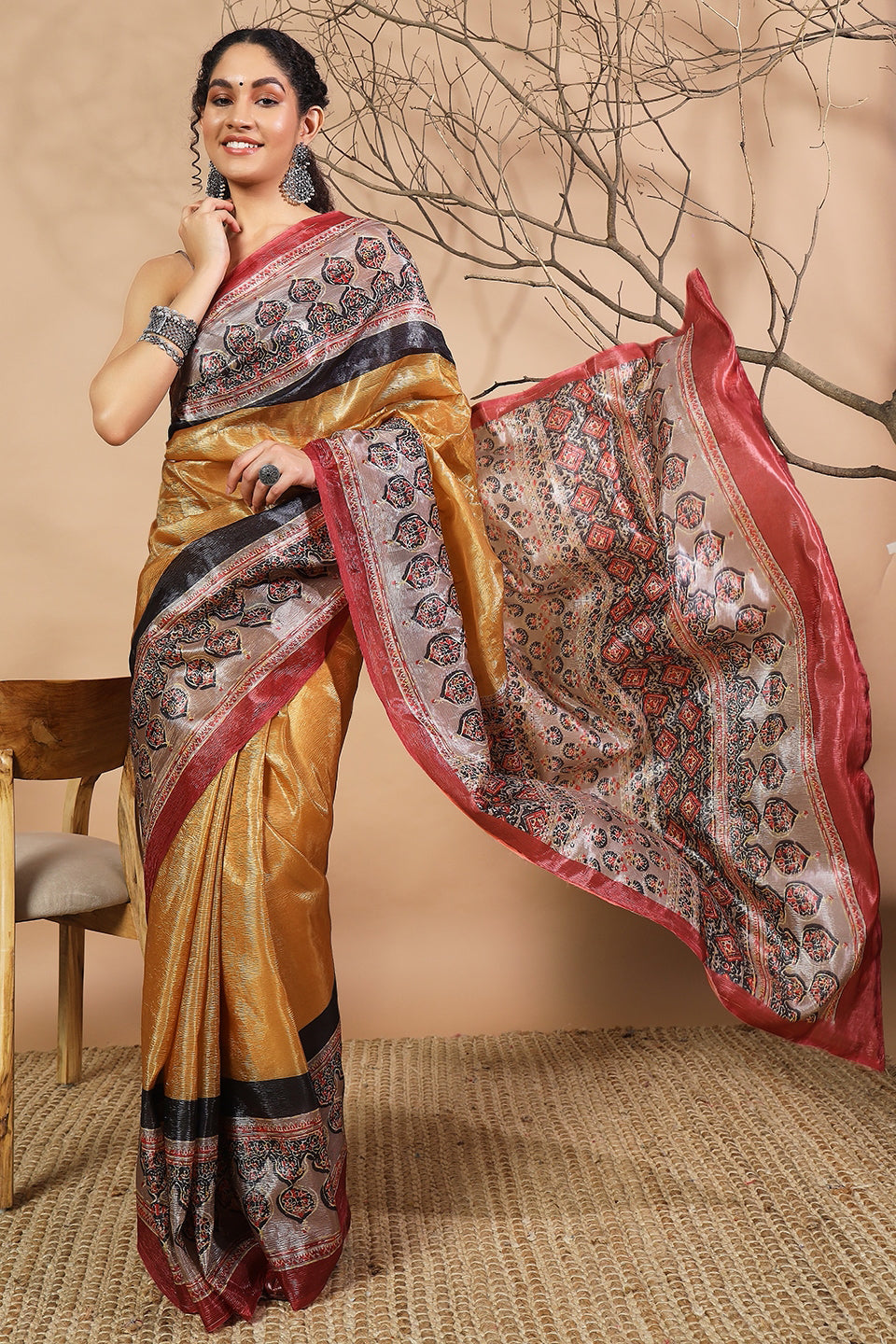 Ajrakh Mustard Crush Gold Tissue Saree