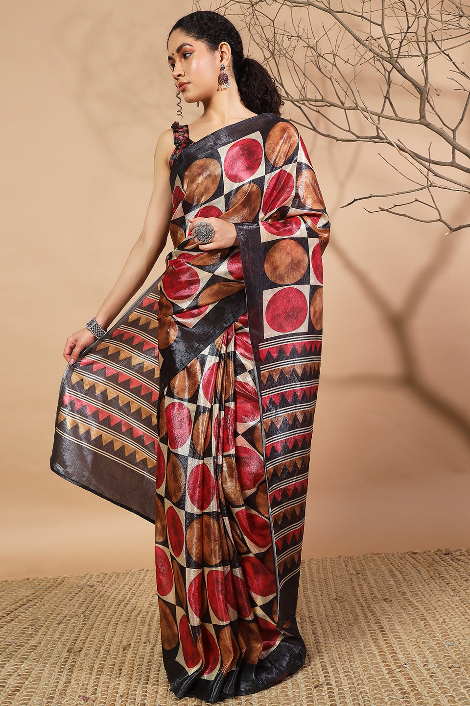 Ajrakh Polka Dot Printed Crush Gold Tissue Saree