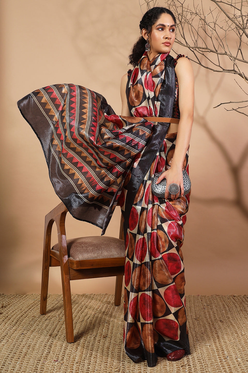 Ajrakh Polka Dot Printed Crush Gold Tissue Saree