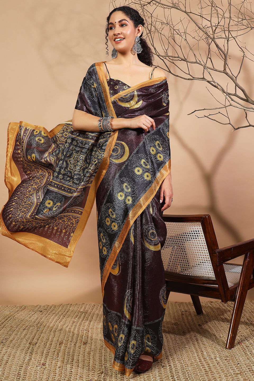 Tabla Prints Rich Silver Black Crush Gold Tissue Saree