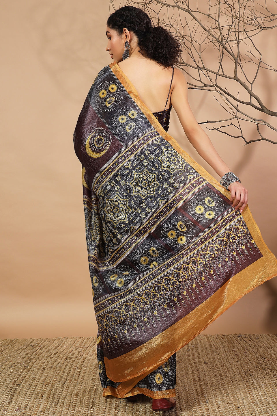 Tabla Prints Rich Silver Black Crush Gold Tissue Saree