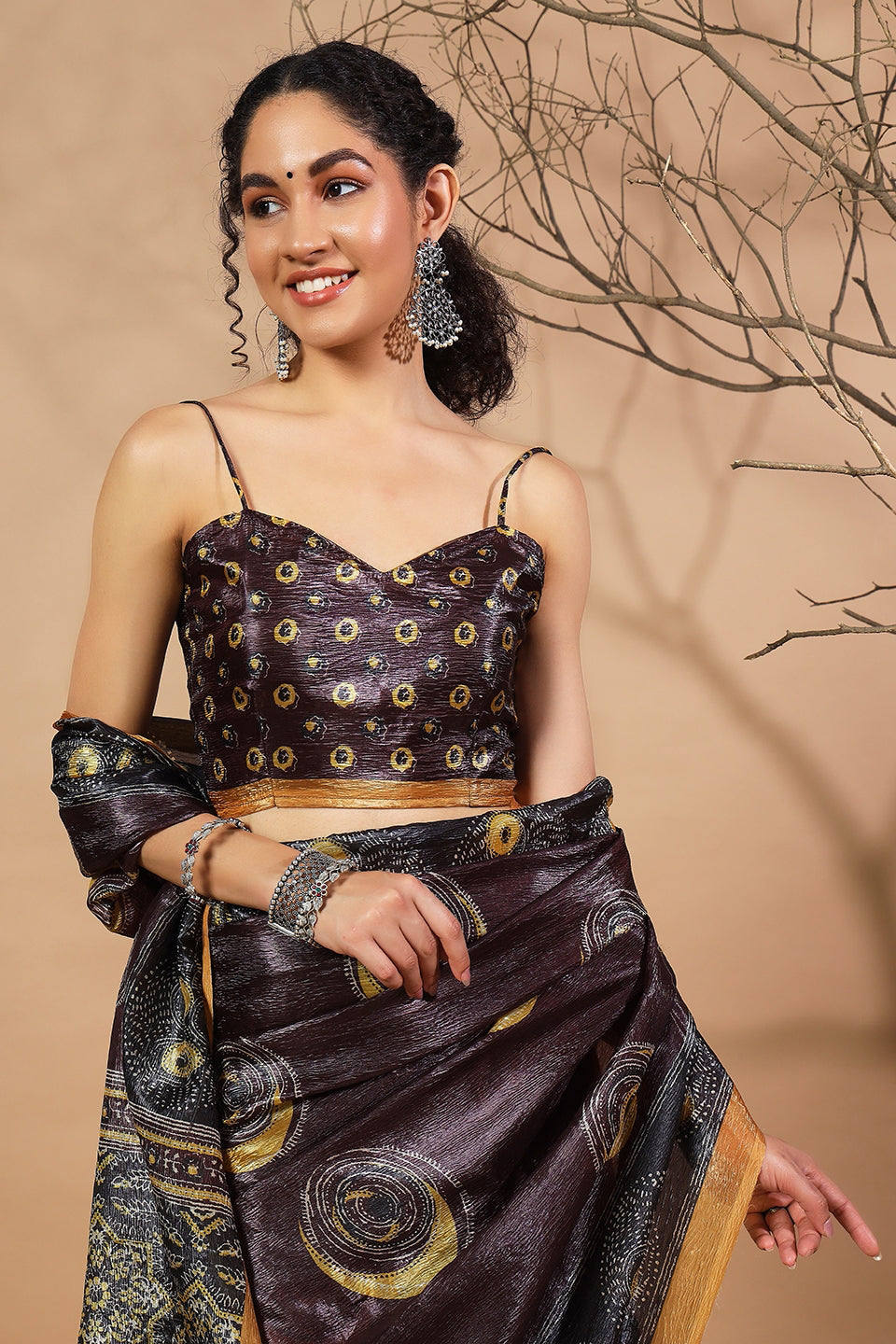 Tabla Prints Rich Silver Black Crush Gold Tissue Saree