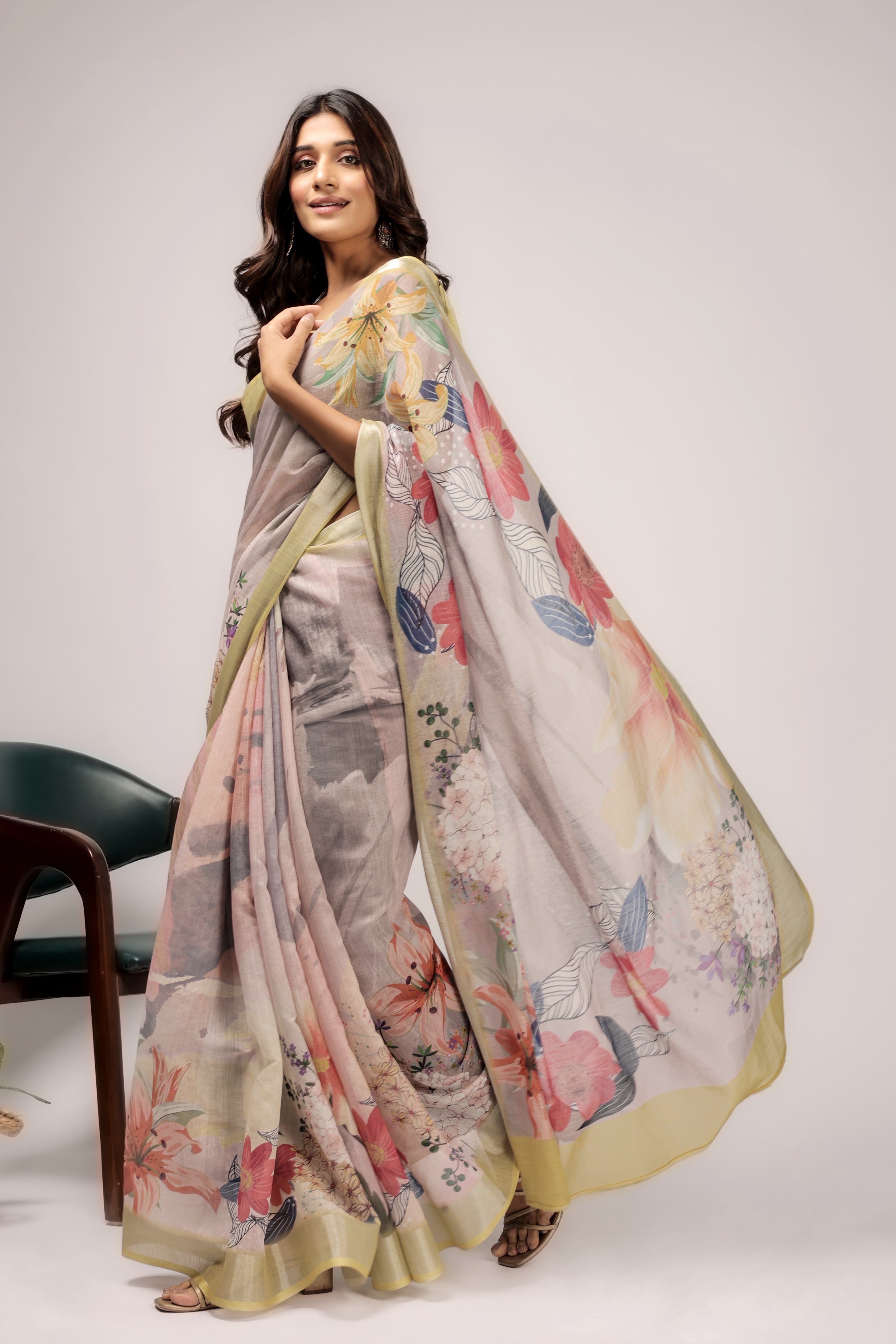 Digital Printed Linen Blend Saree with Zari Border