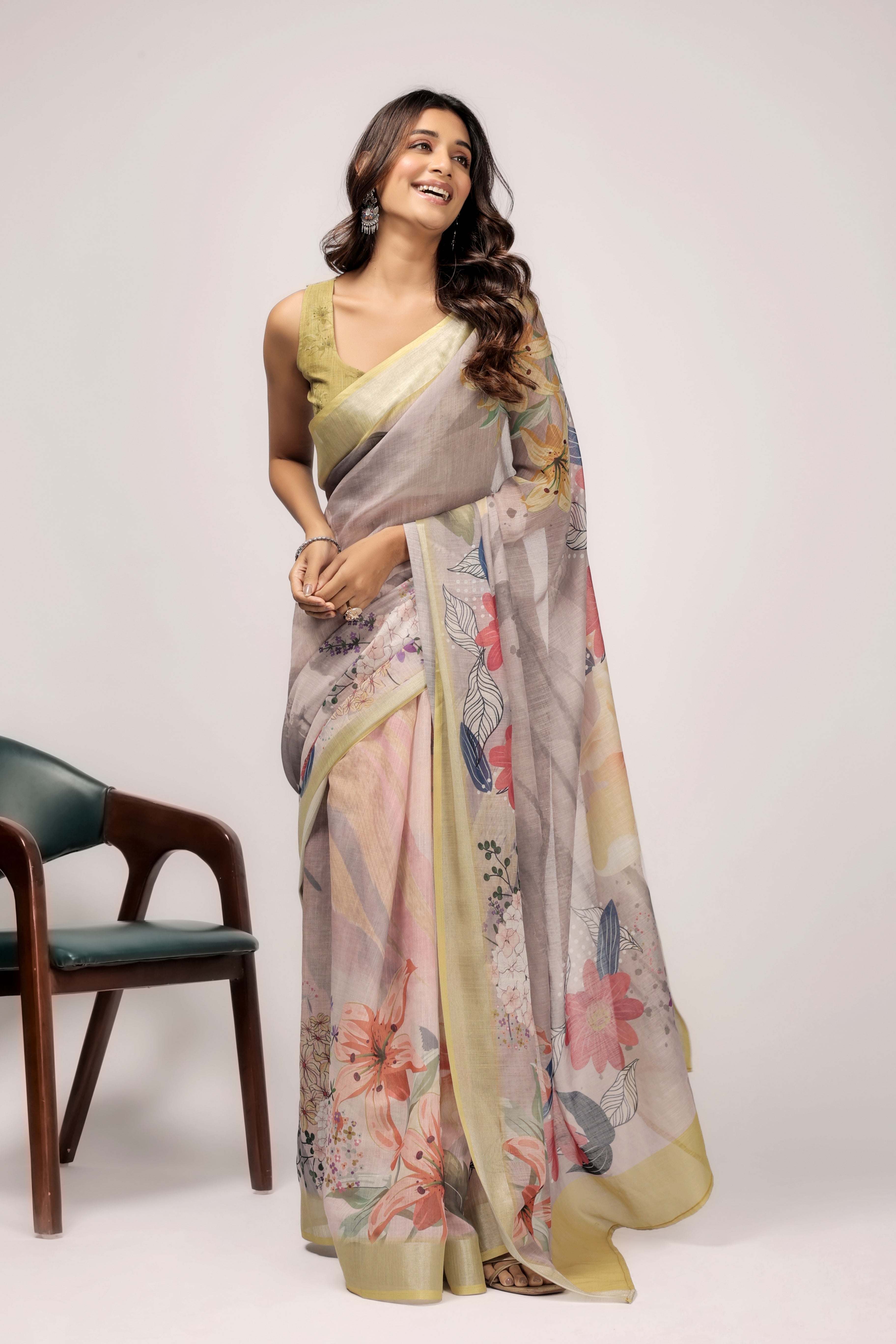 Digital Printed Linen Blend Saree with Zari Border