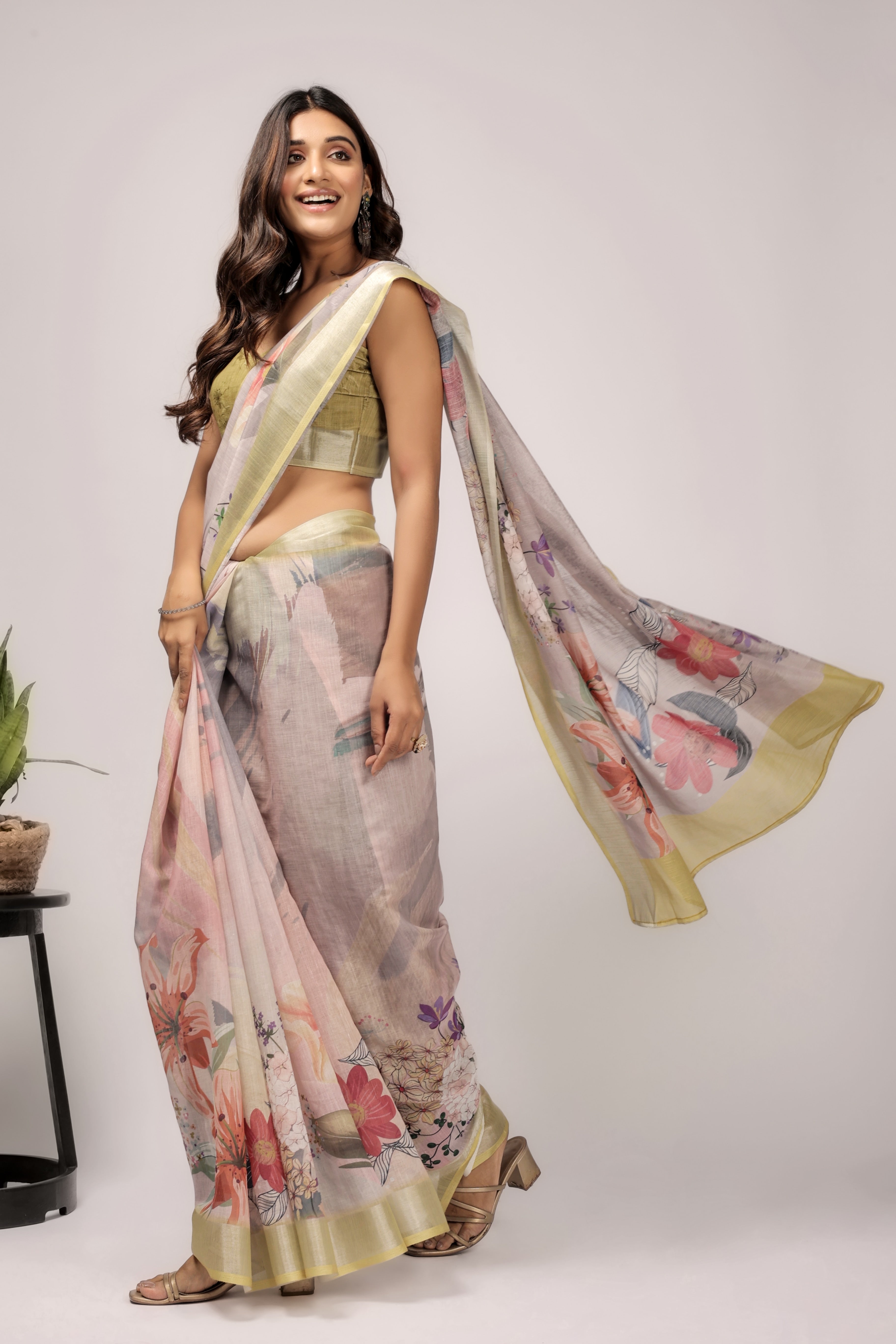 Digital Printed Linen Blend Saree with Zari Border