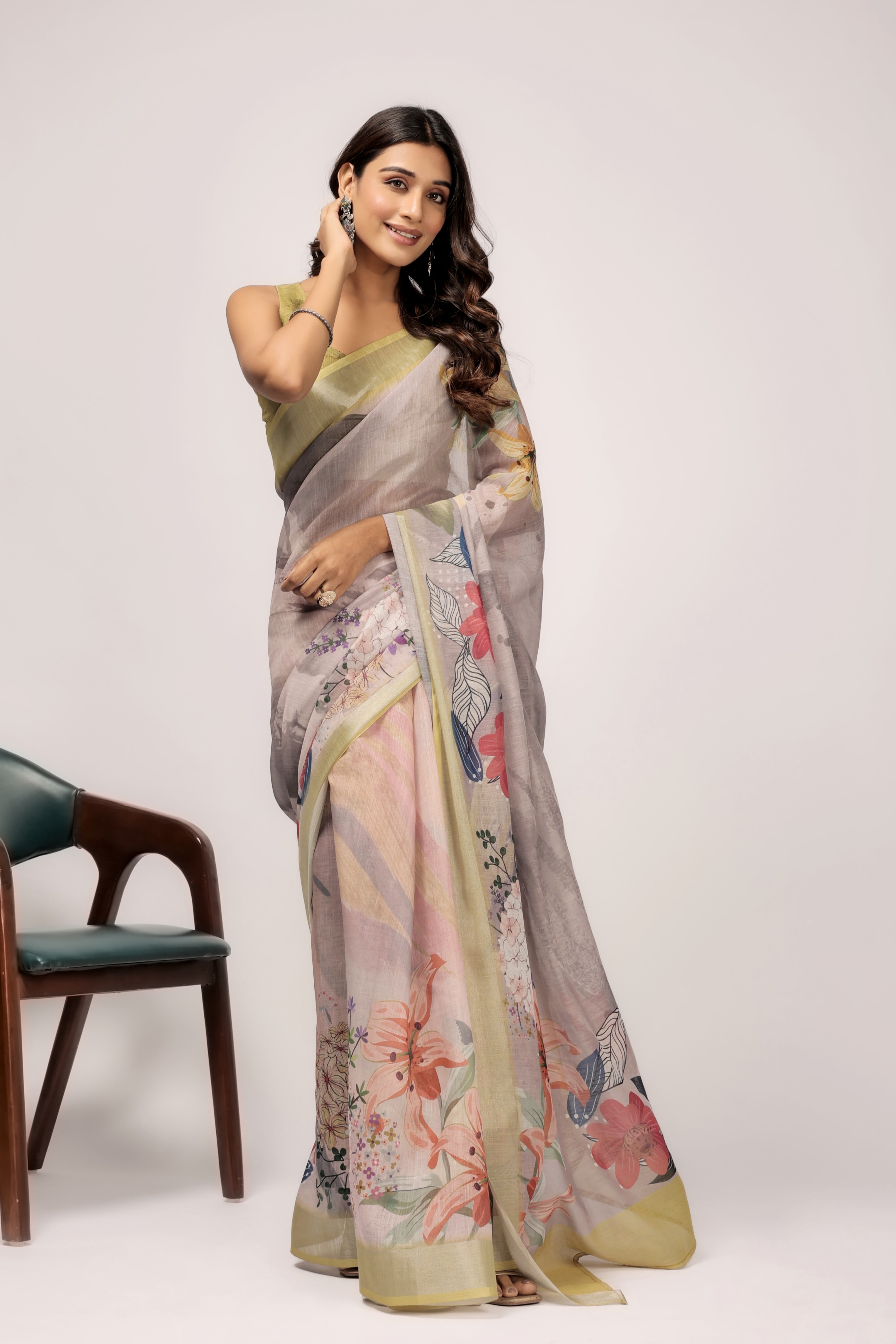 Digital Printed Linen Blend Saree with Zari Border