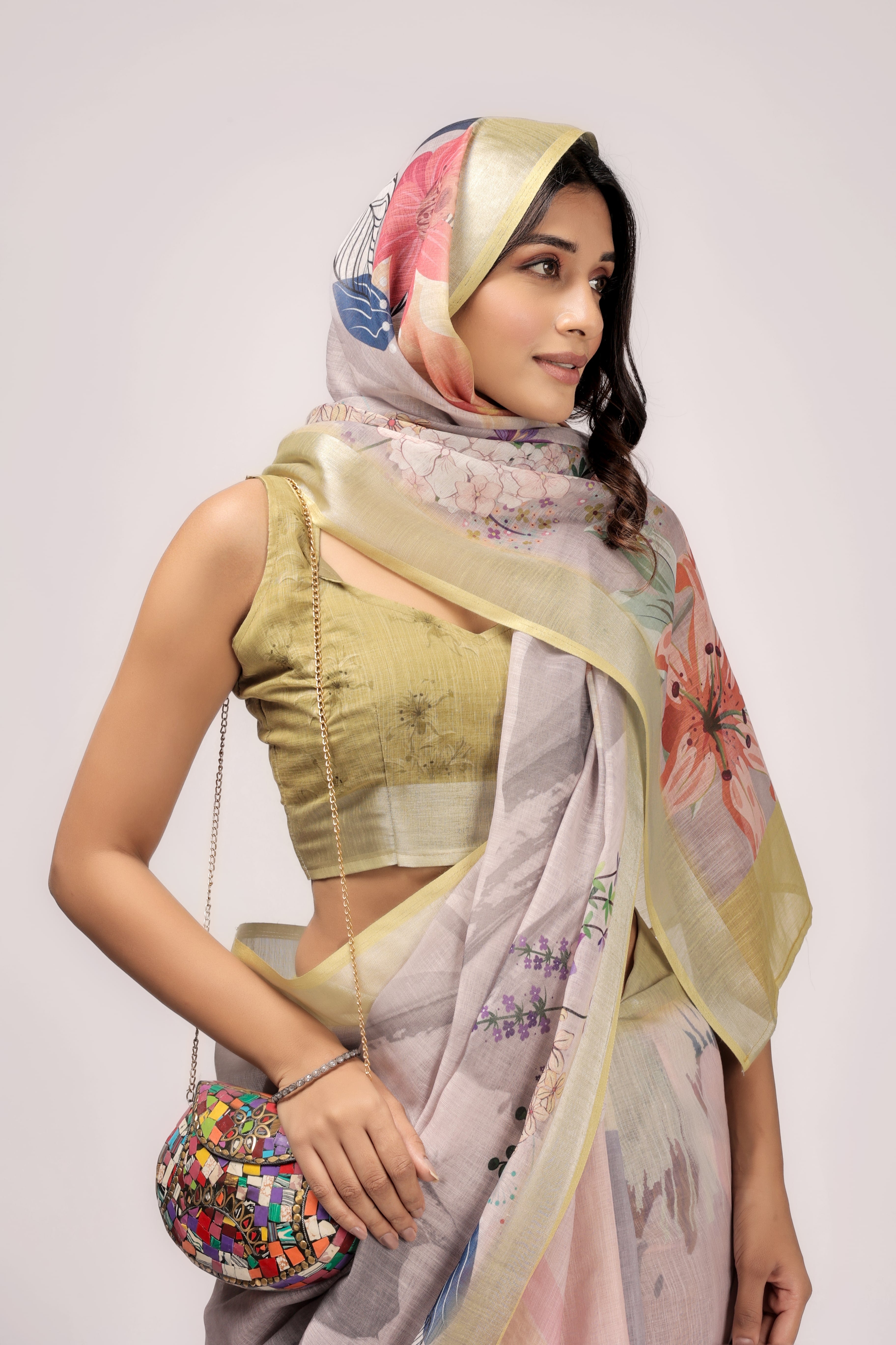 Digital Printed Linen Blend Saree with Zari Border