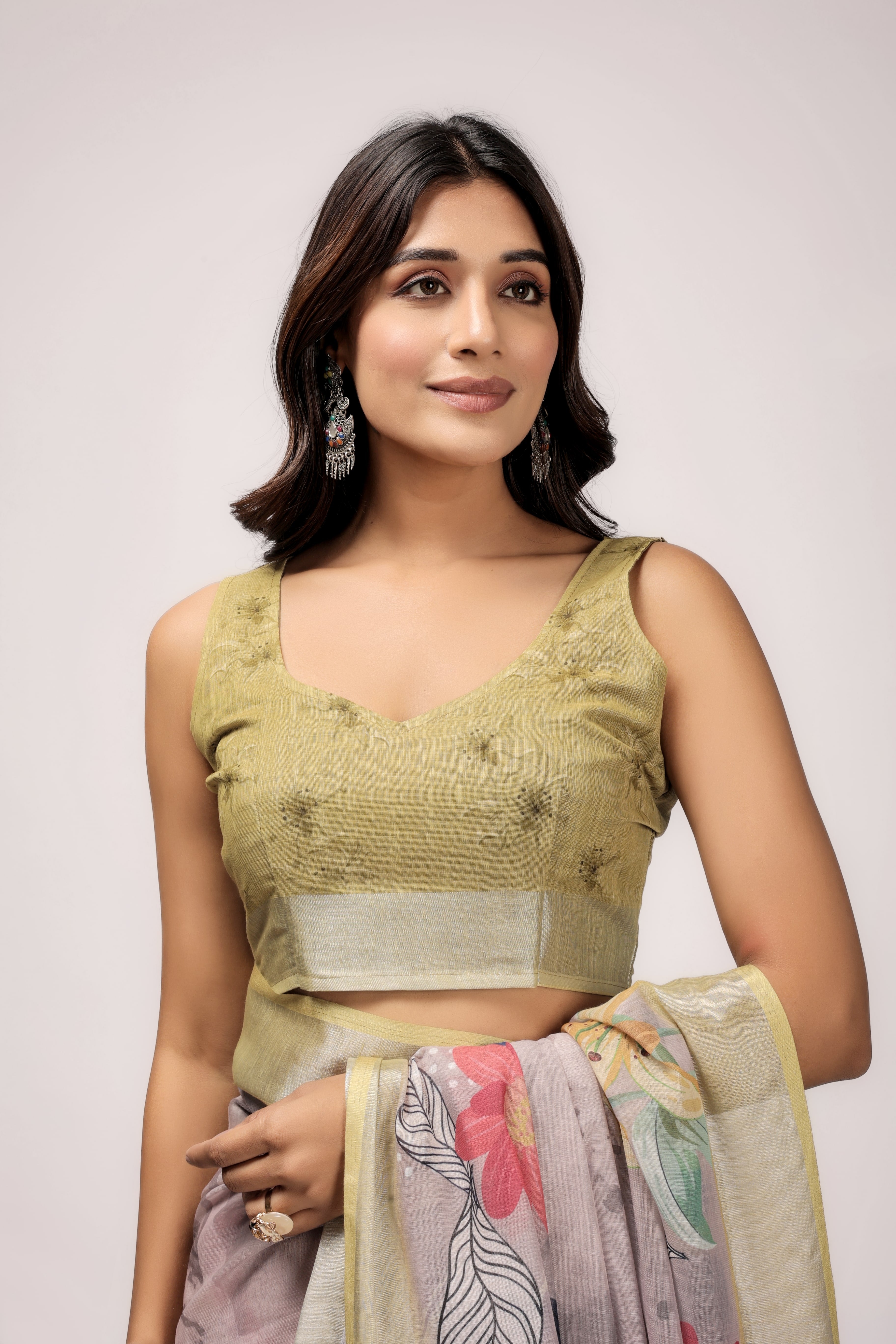 Digital Printed Linen Blend Saree with Zari Border