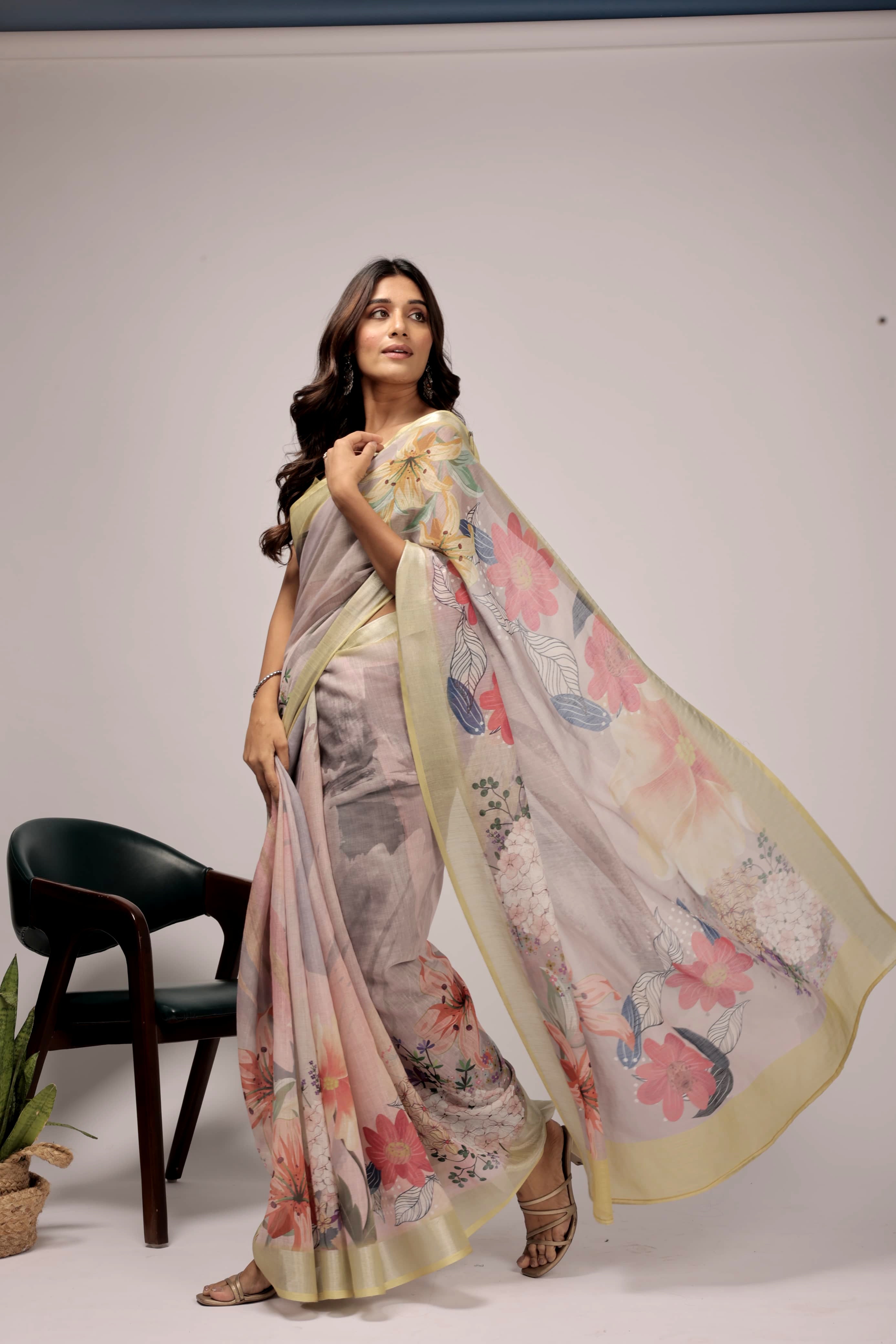 Digital Printed Linen Blend Saree with Zari Border