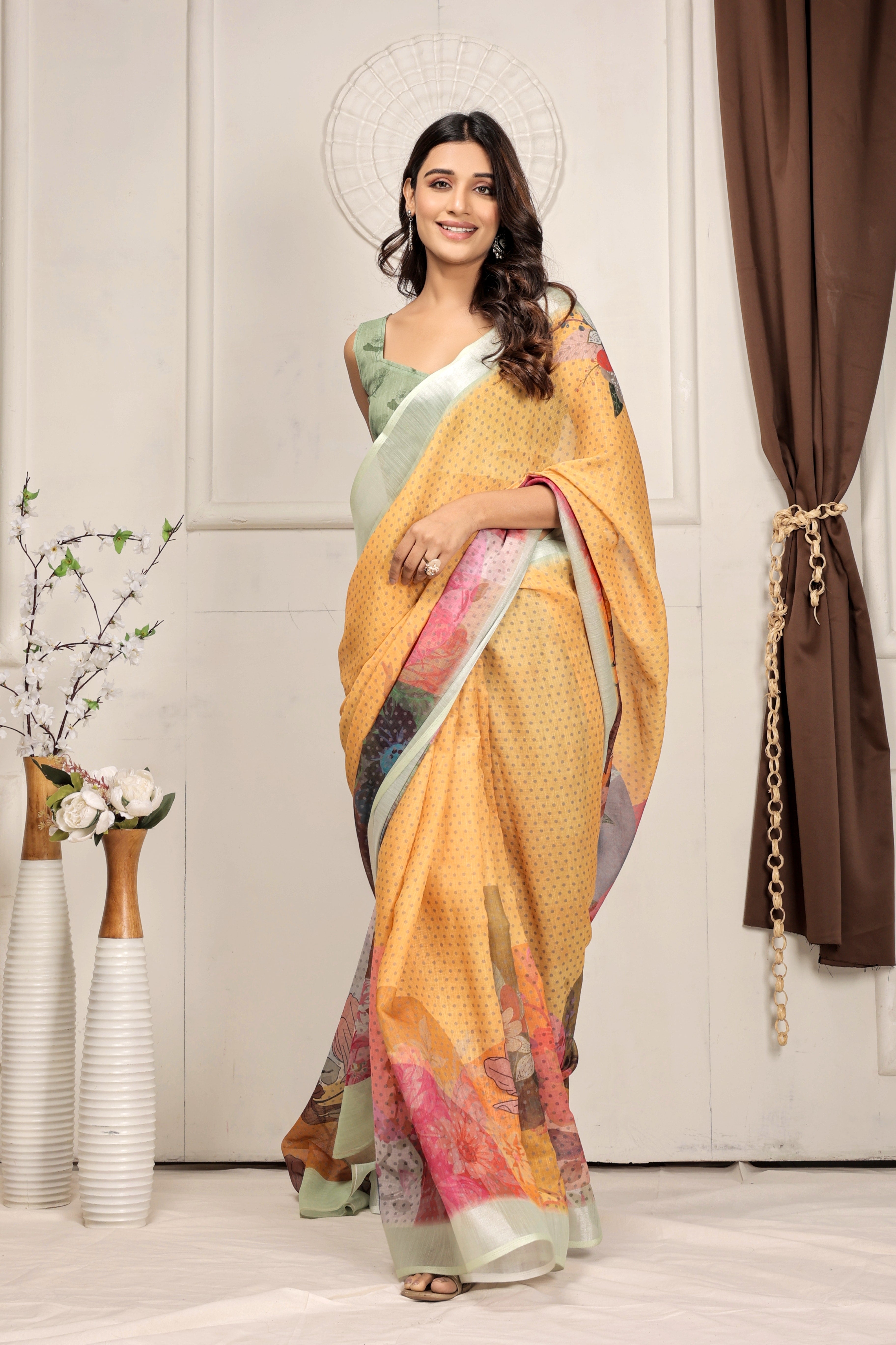 Digital Printed Linen Blend Saree with Zari Border