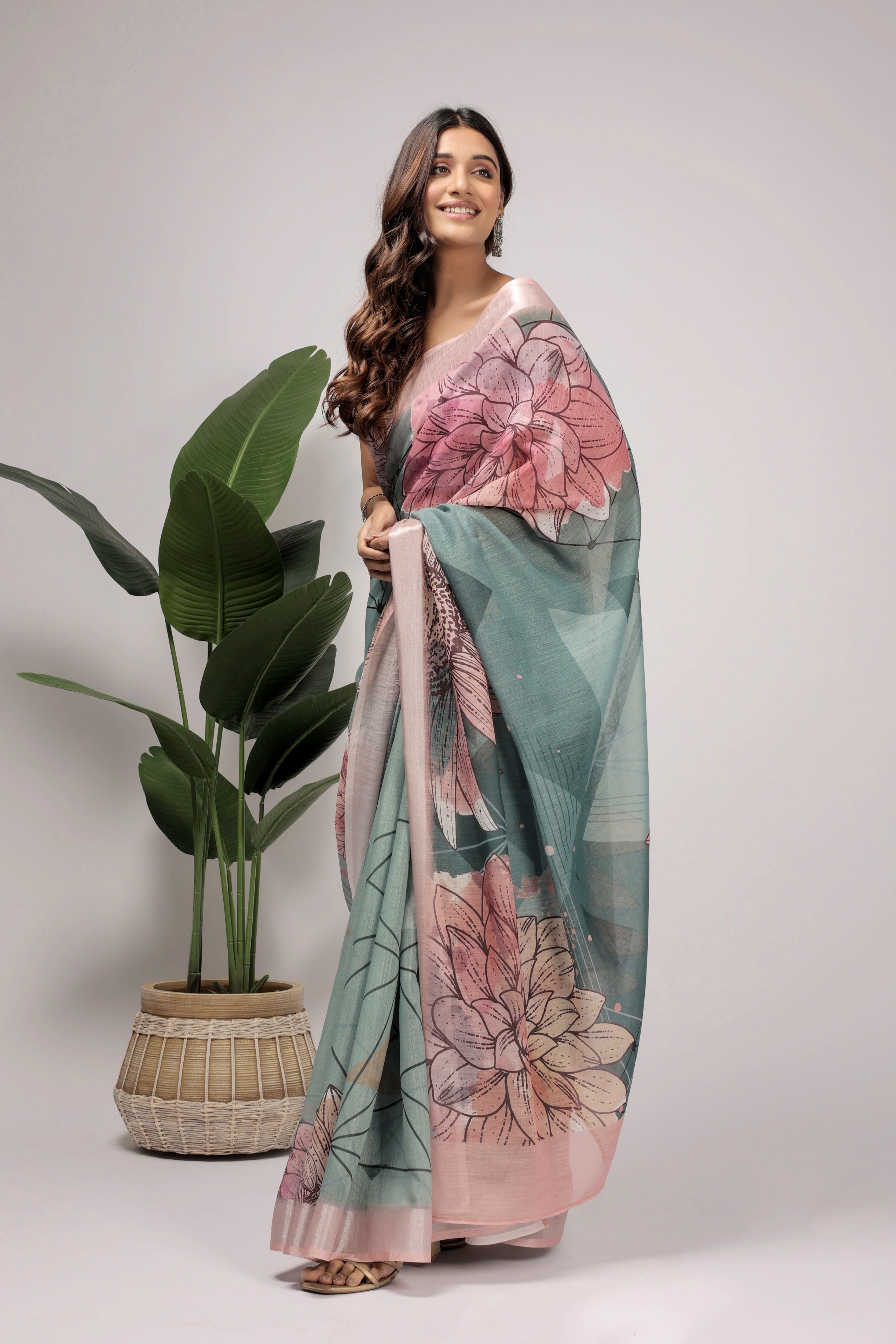 Digital Printed Linen Blend Saree with Zari Border