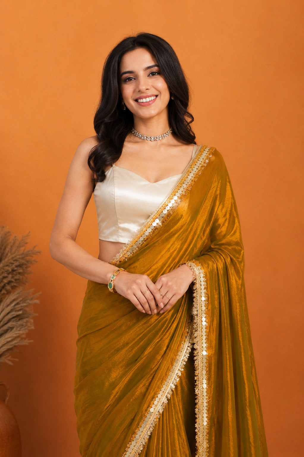 Yellow Solid Dyed Pure Chiffon Ready To Wear Saree