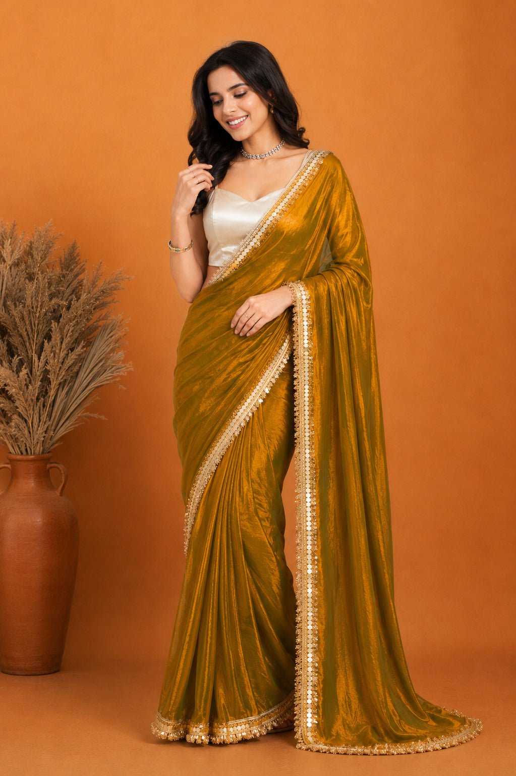 Yellow Solid Dyed Pure Chiffon Ready To Wear Saree