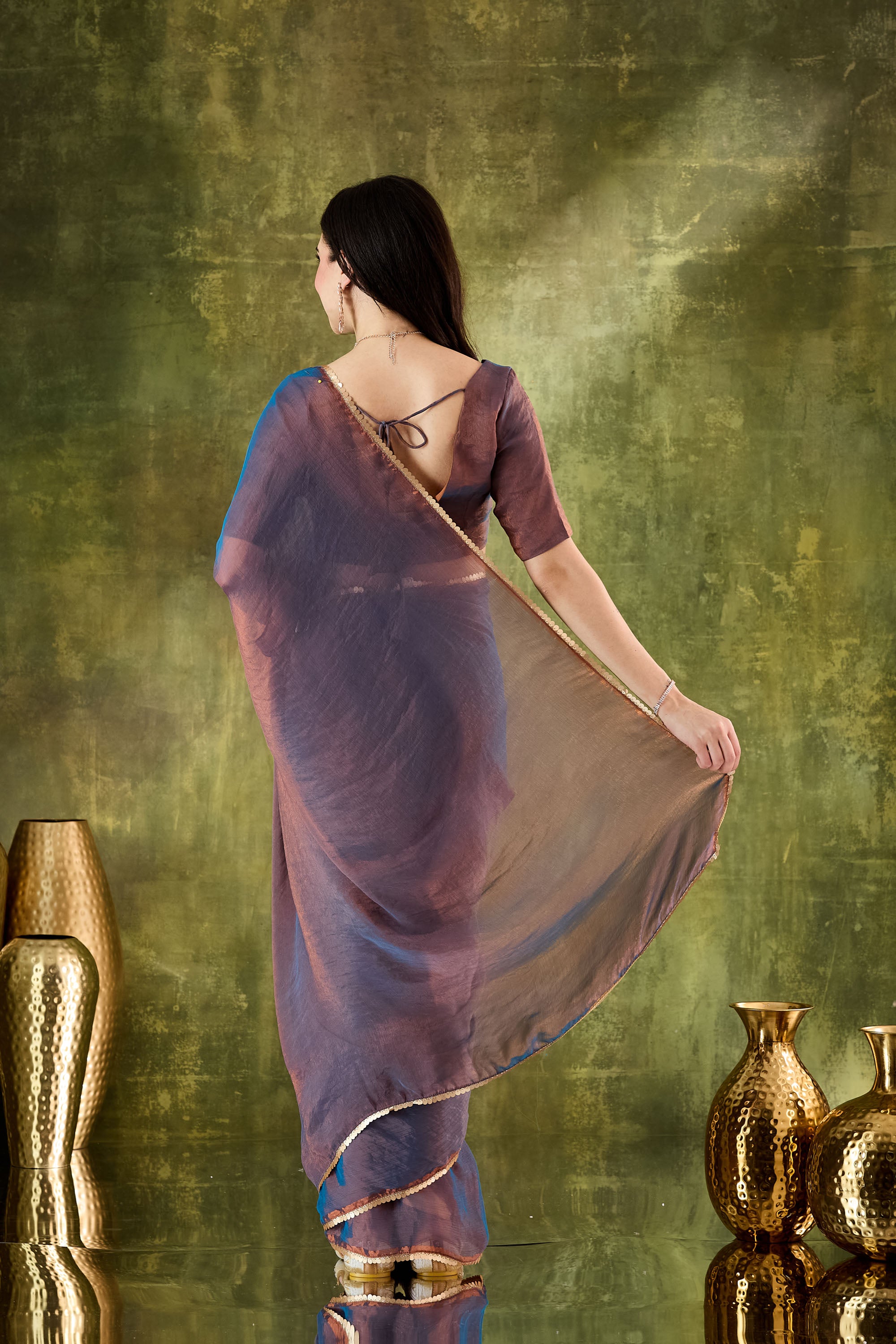 Blue Ombre Designer Silk Blend Ready To Wear Saree