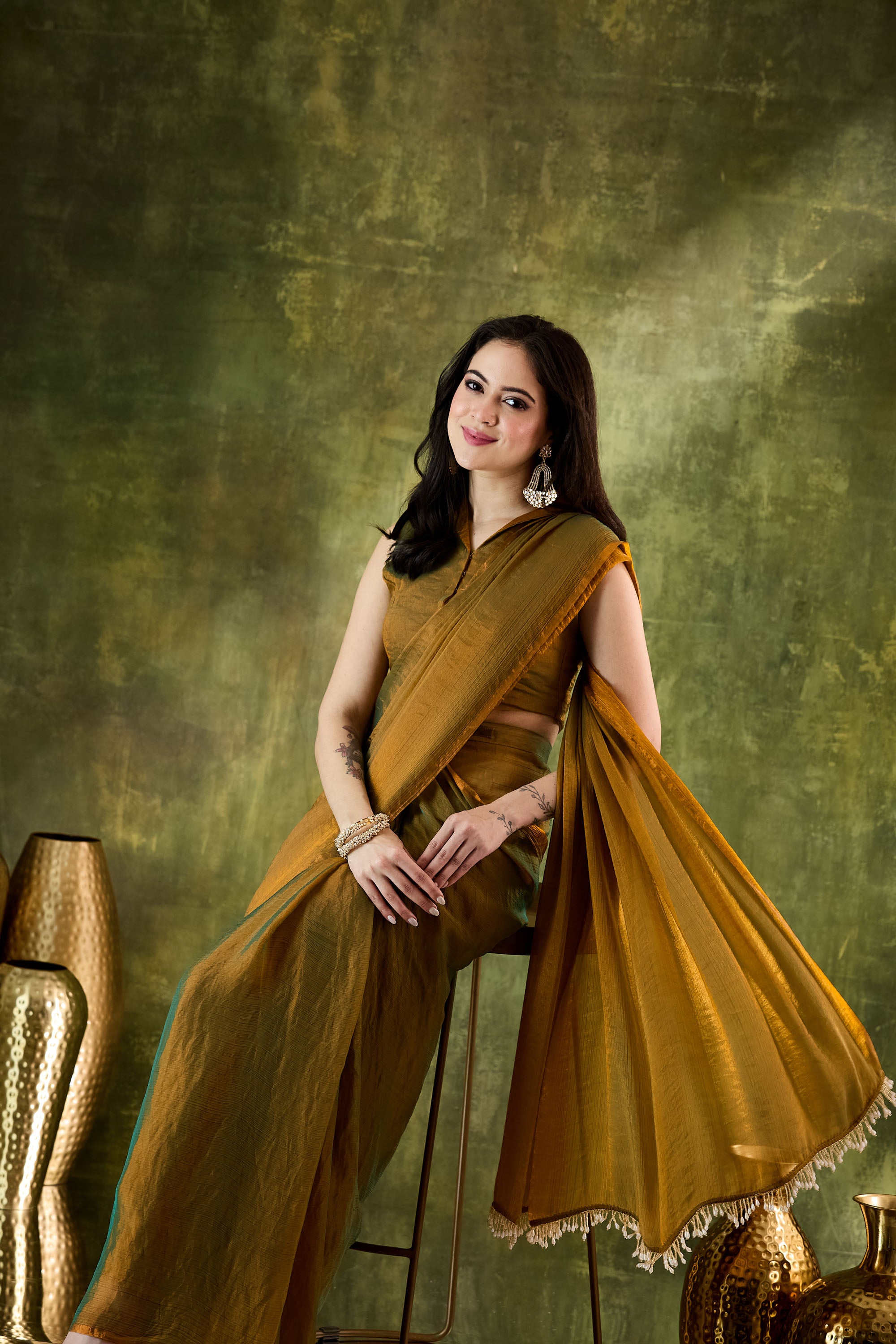 Gold Silk Blend Ready To Wear Saree