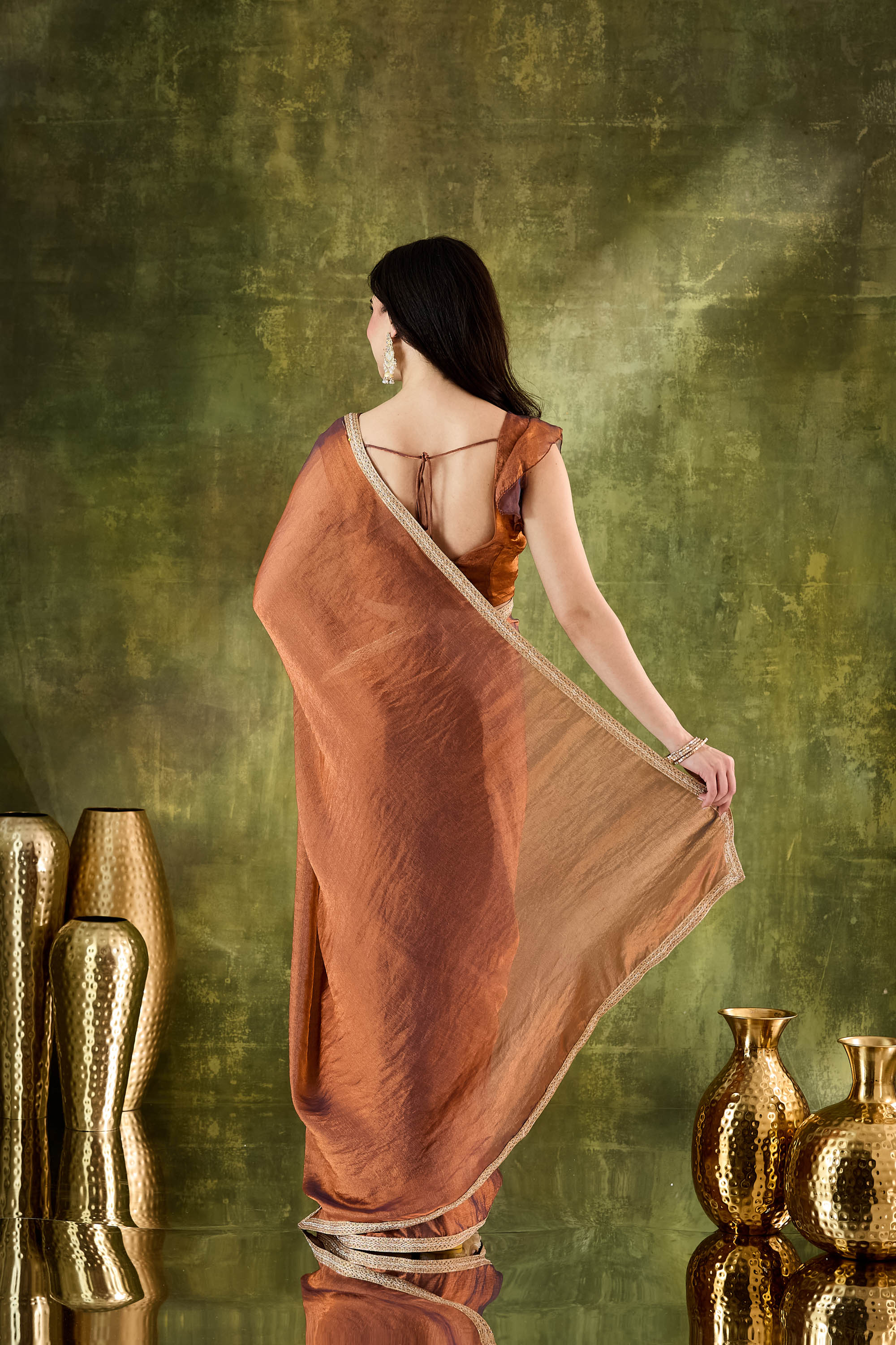Rust Silk Blend Ready To Wear Saree with Zari Border