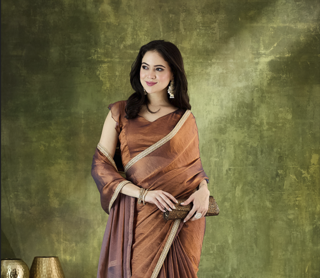 Rust Silk Blend Ready To Wear Saree with Zari Border
