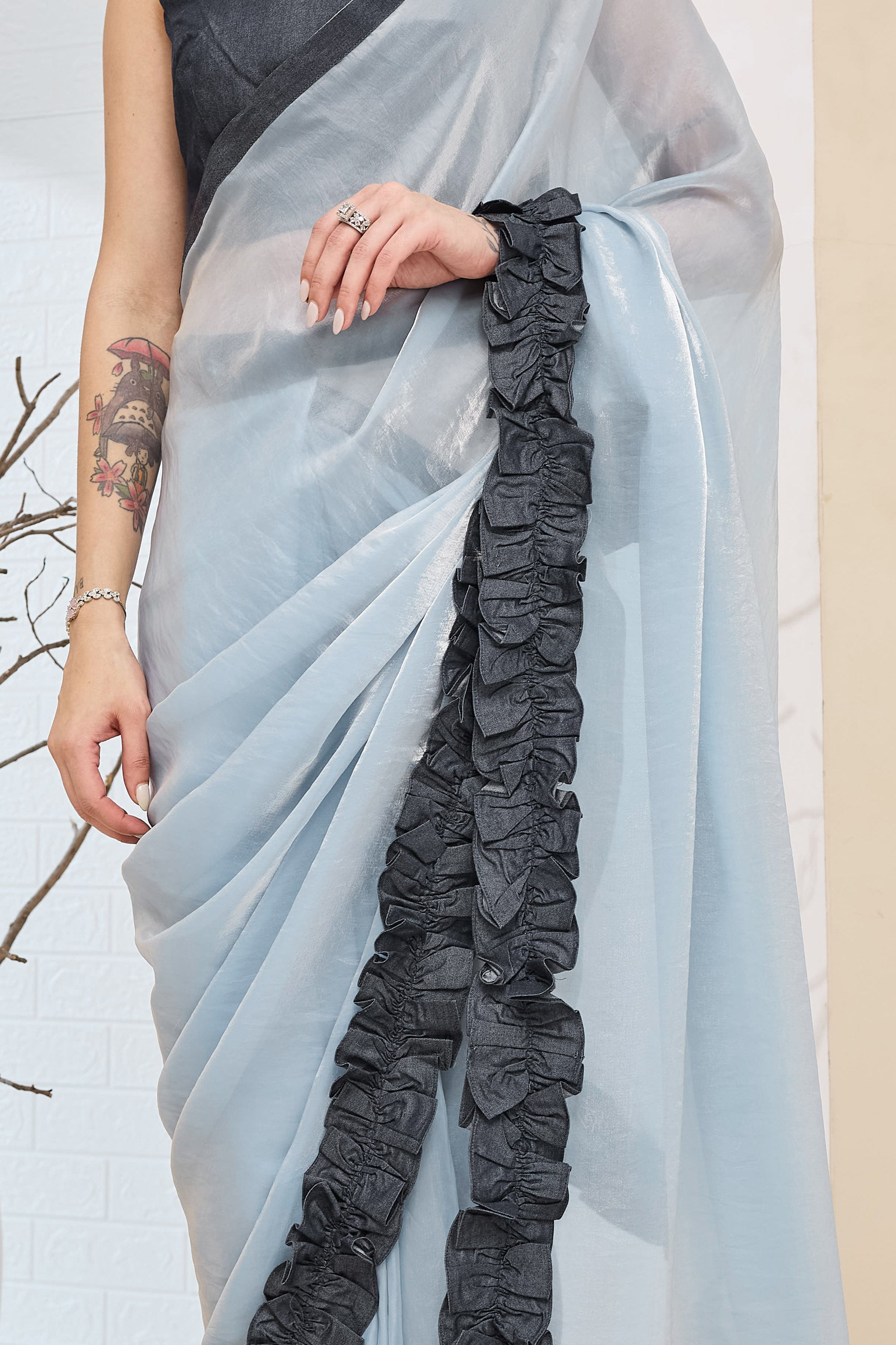 Sky Blue Silk Blend Ready To Wear Saree