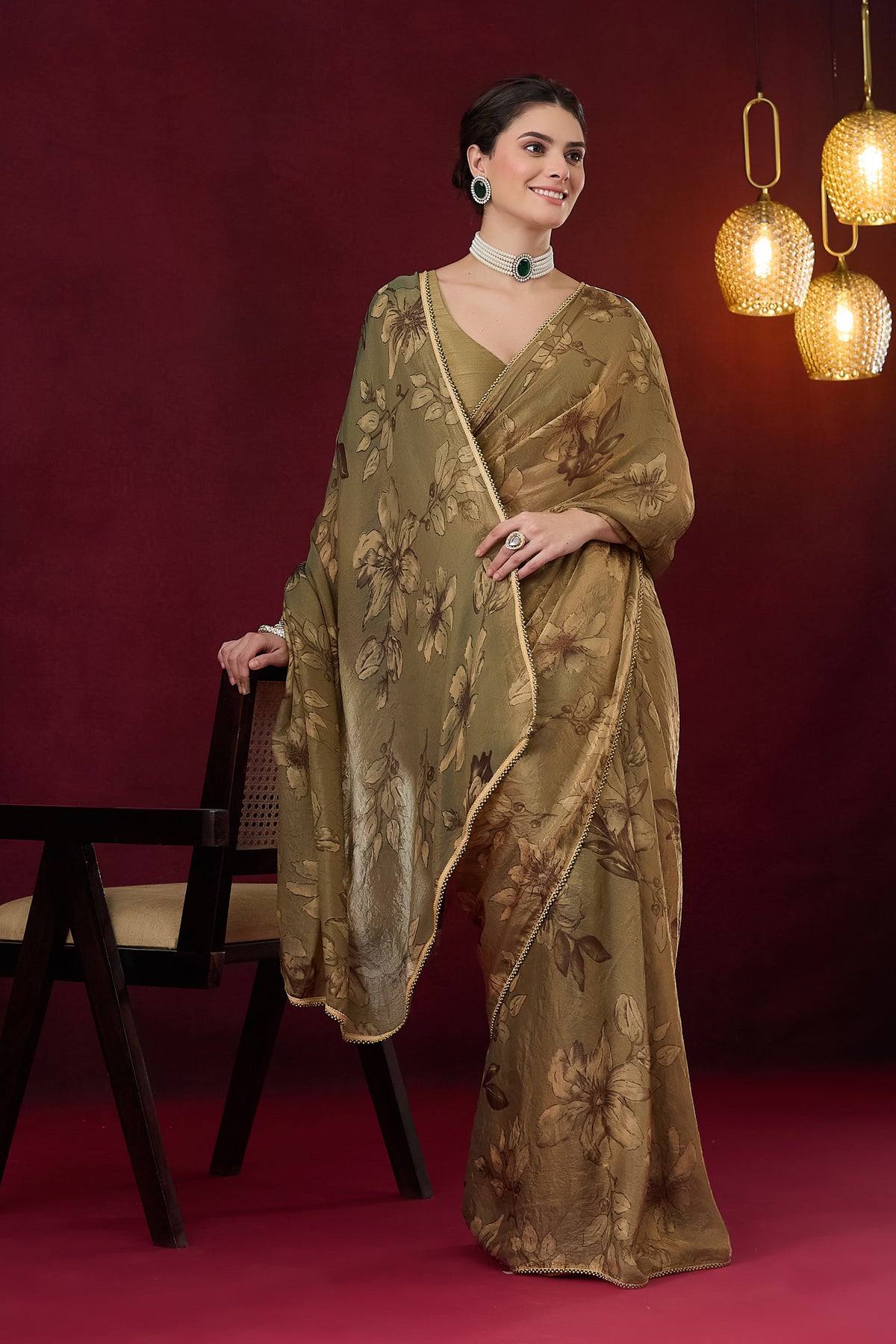 Olive Green Floral Printed Satin Ready to Wear Saree