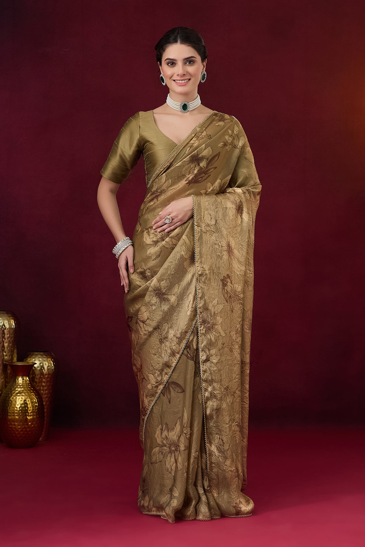 Olive Green Floral Printed Satin Ready to Wear Saree