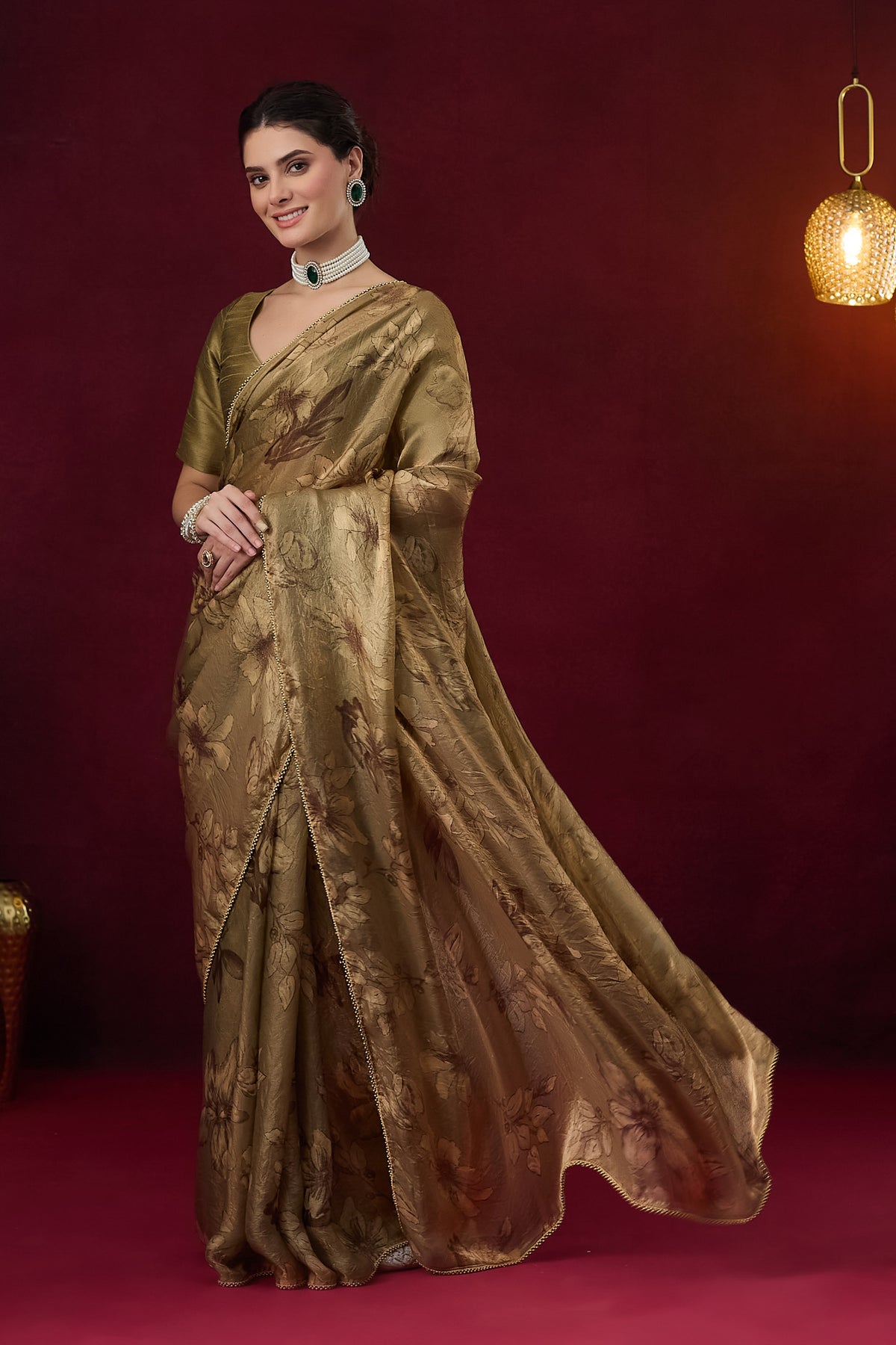 Olive Green Floral Printed Satin Ready to Wear Saree