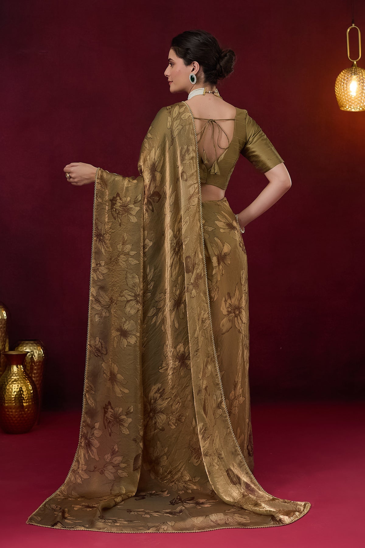 Olive Green Floral Printed Satin Ready to Wear Saree