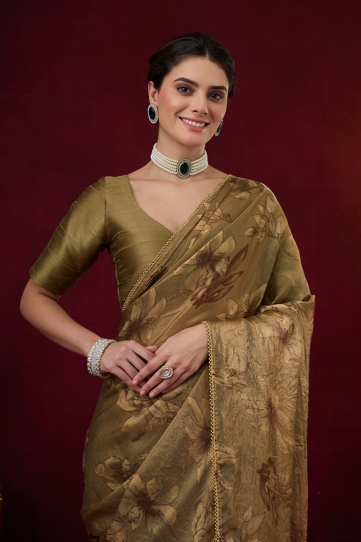 Olive Green Floral Printed Satin Ready to Wear Saree