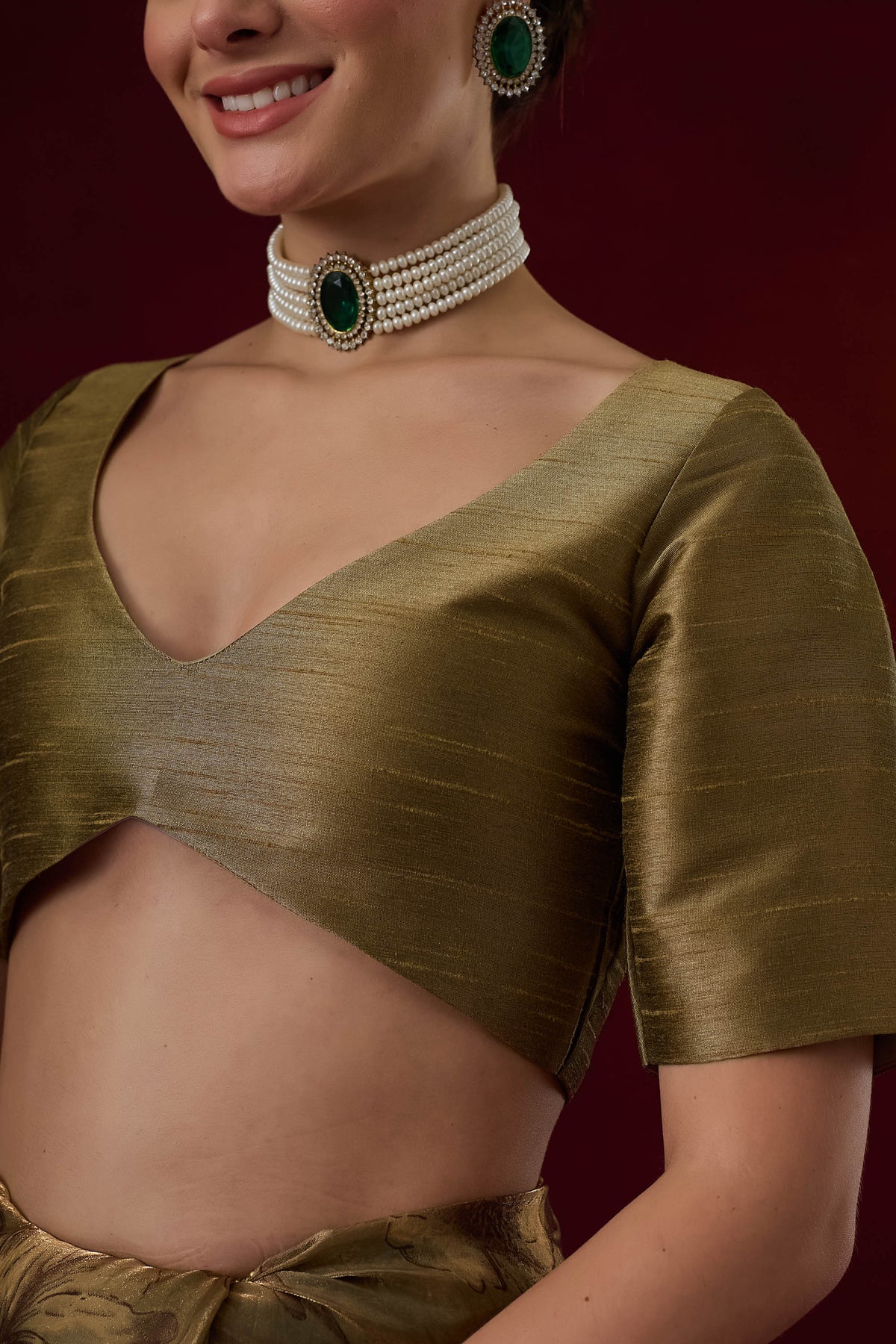 Olive Green Floral Printed Satin Ready to Wear Saree