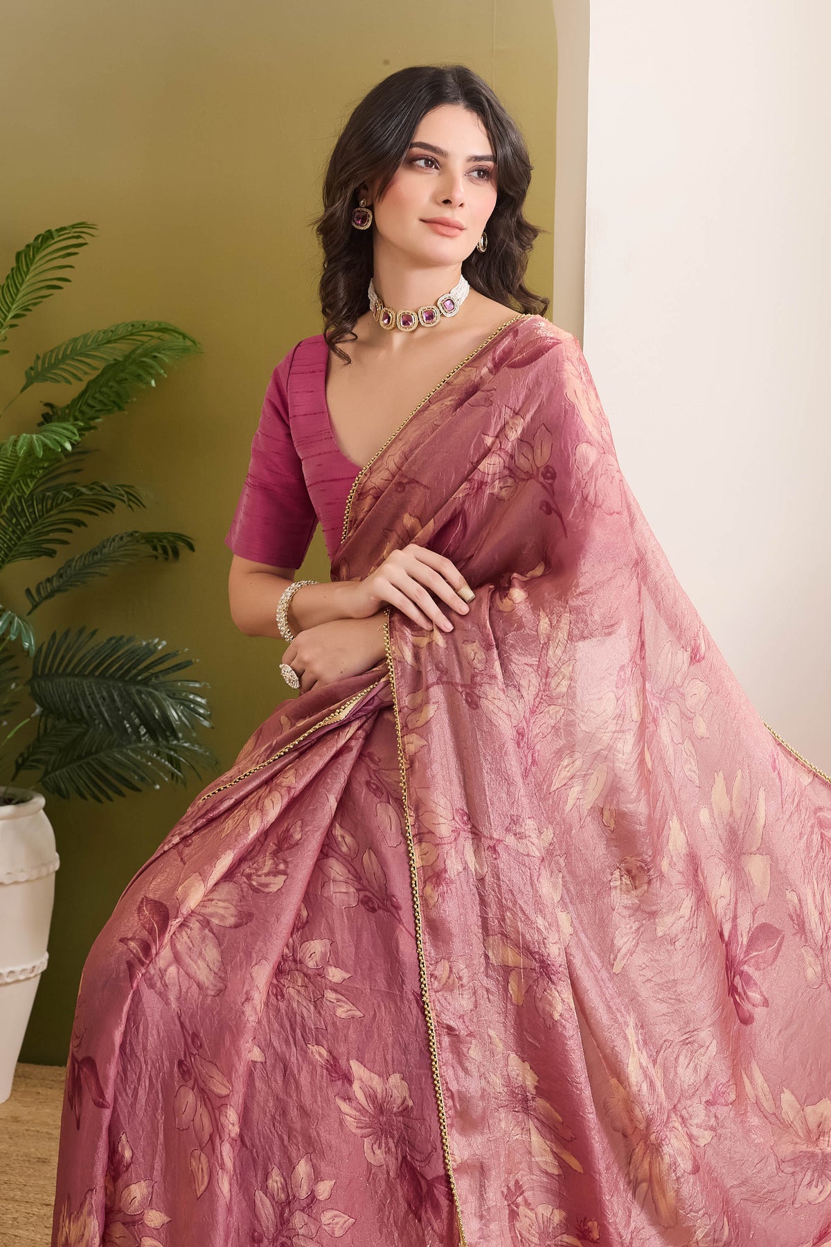 Pink Color Floral Printed Satin Ready to Wear Saree