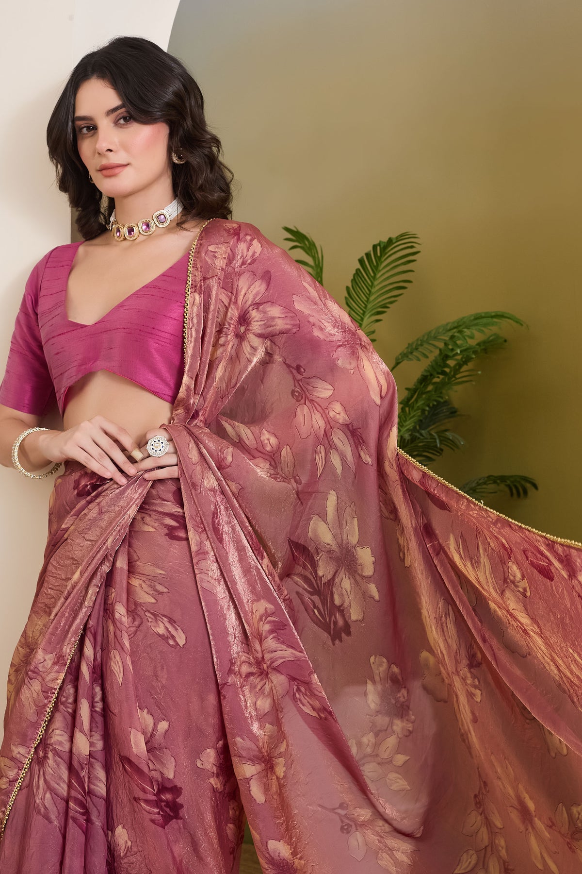 Pink Color Floral Printed Satin Ready to Wear Saree