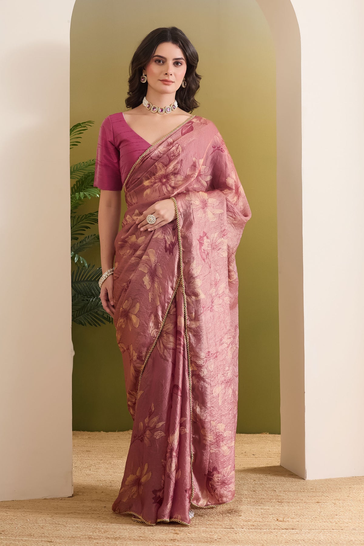 Pink Color Floral Printed Satin Ready to Wear Saree