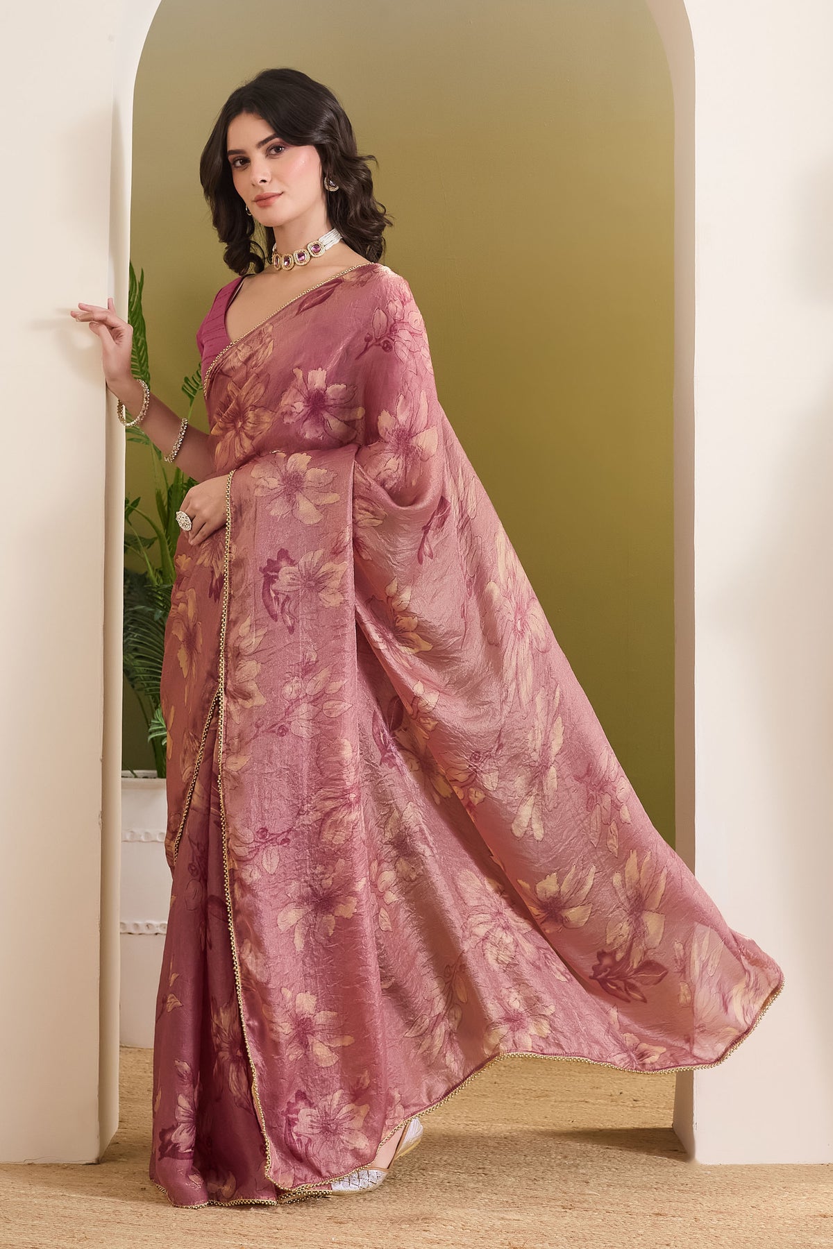 Pink Color Floral Printed Satin Ready to Wear Saree