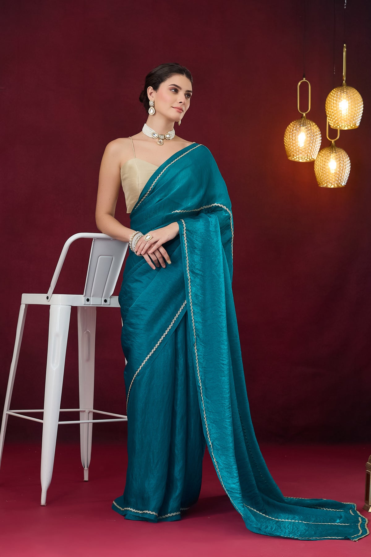 Teal Solid Satin Ready to Wear Saree