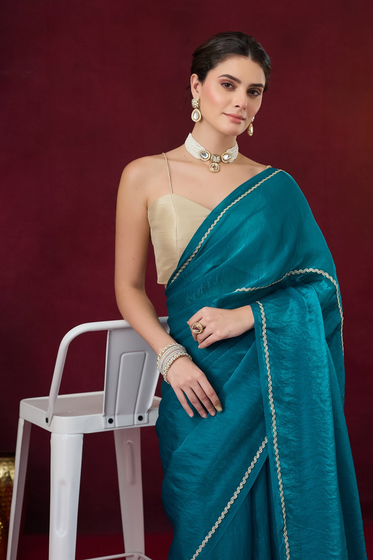 Teal Solid Satin Ready to Wear Saree