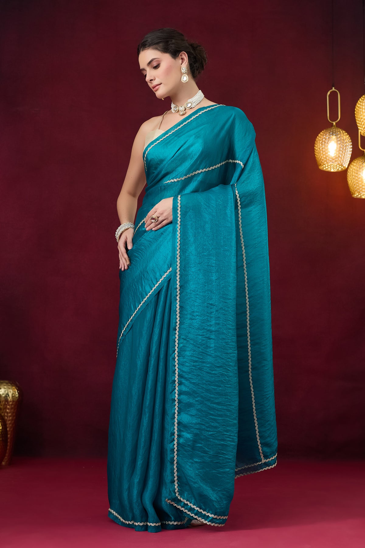 Teal Solid Satin Ready to Wear Saree