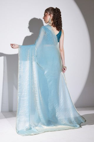 Turquoise Blue Solid Tissue Ready to Wear Saree