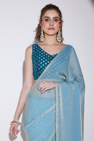 Blue Color Solid Tissue Party Wear Saree