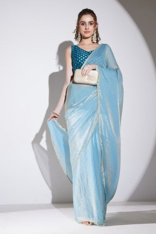 Turquoise Blue Solid Tissue Ready to Wear Saree