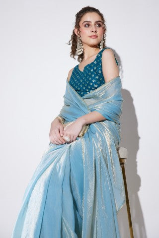 Blue Color Solid Tissue Party Wear Saree
